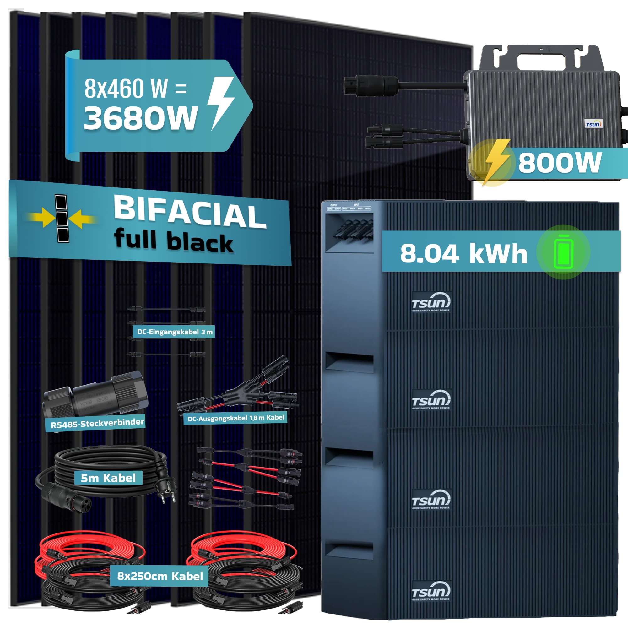 SUNNIVA&reg; 3680W Balkonkraftwerk mit 8,04 kWh Speicher TSUN SOLARCAN TSOL-DCU2000Lite, BIFAZIAL FULLBLACK komplett Steckdose, PV Solaranlage Komplettset mit Solarspeicher, 8x 500W Glas-Glas Bifacial 