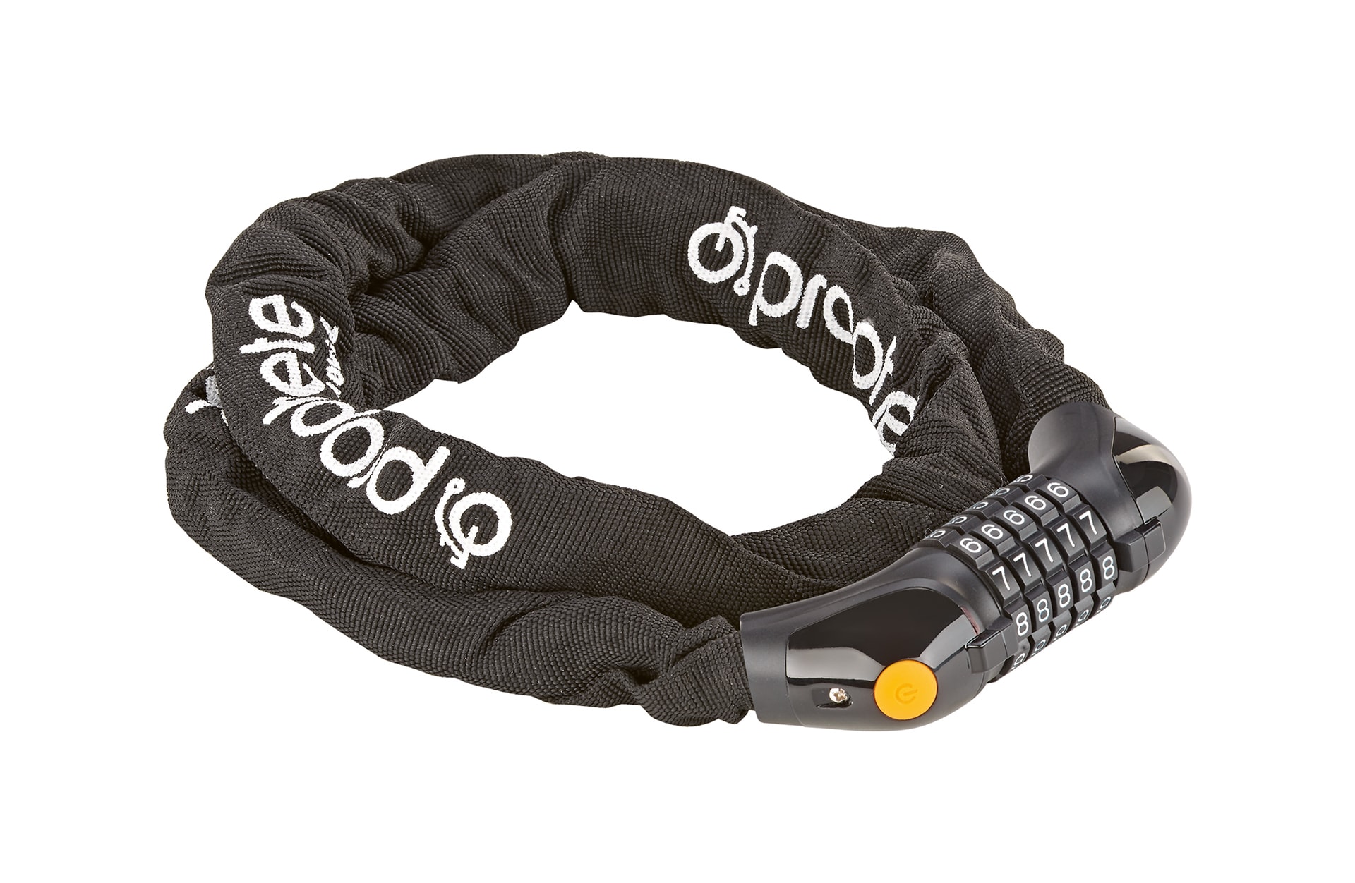 Zahlen-Kettenschloss, 5-Zahlen-Kombination, LED-beleuchtete Zahlenwalze, frei kodierbar, Textilummantelung, L&auml;nge: 120 cm 