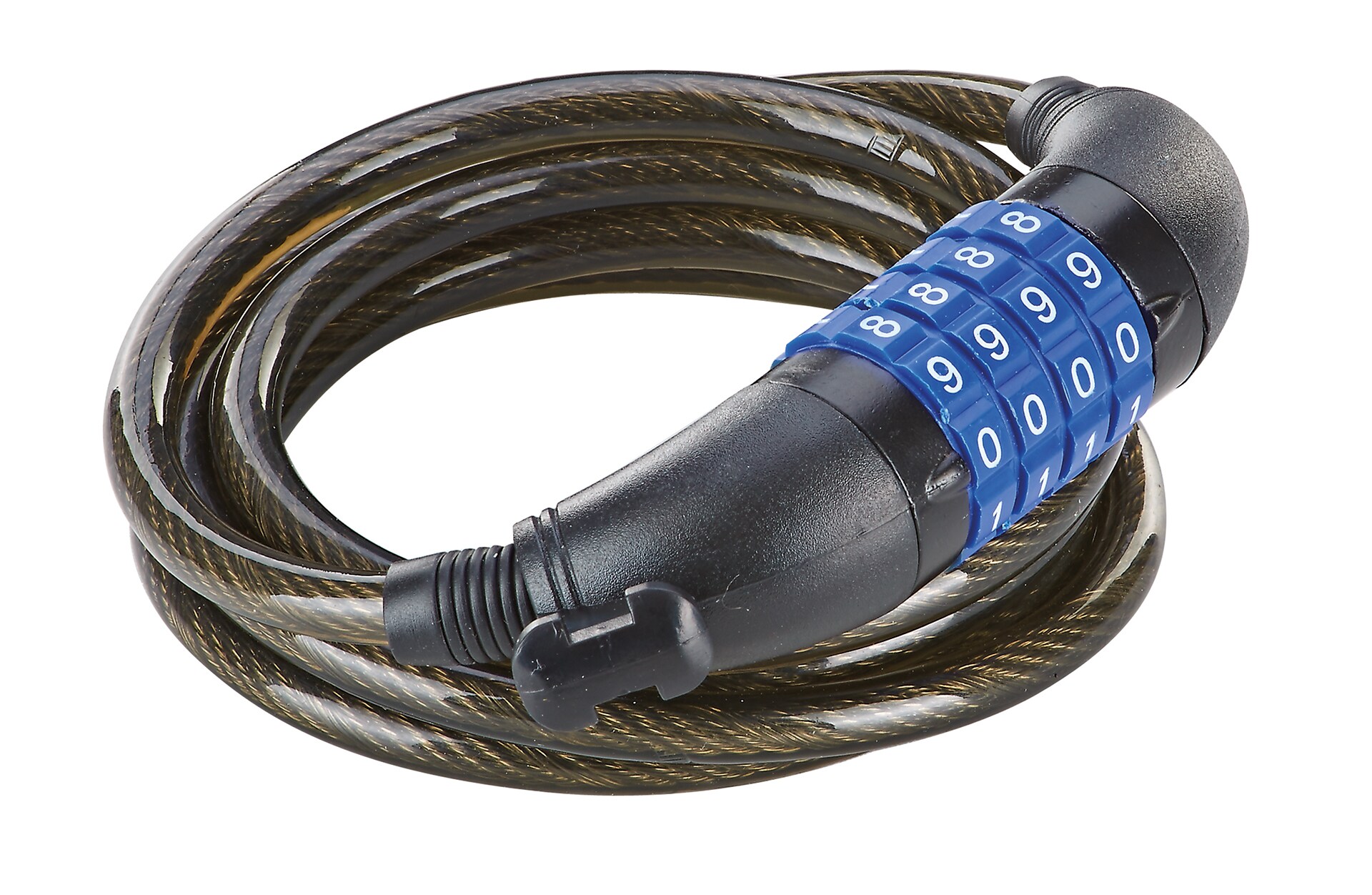 Zahlen-Spiralkabelschloss, 4-Zahlen-Kombination, frei kodierbar, inkl. Rahmenhalterung, L&auml;nge: 150 cm 