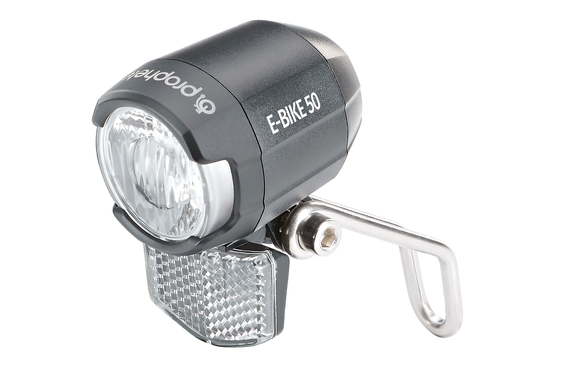 E-Bike Scheinwerfer 50 Lux, f&uuml;r E-Bikes (9-48 V), seitliche Lichtstreifen, Light-ON-Funktion, integrierter Reflektor 