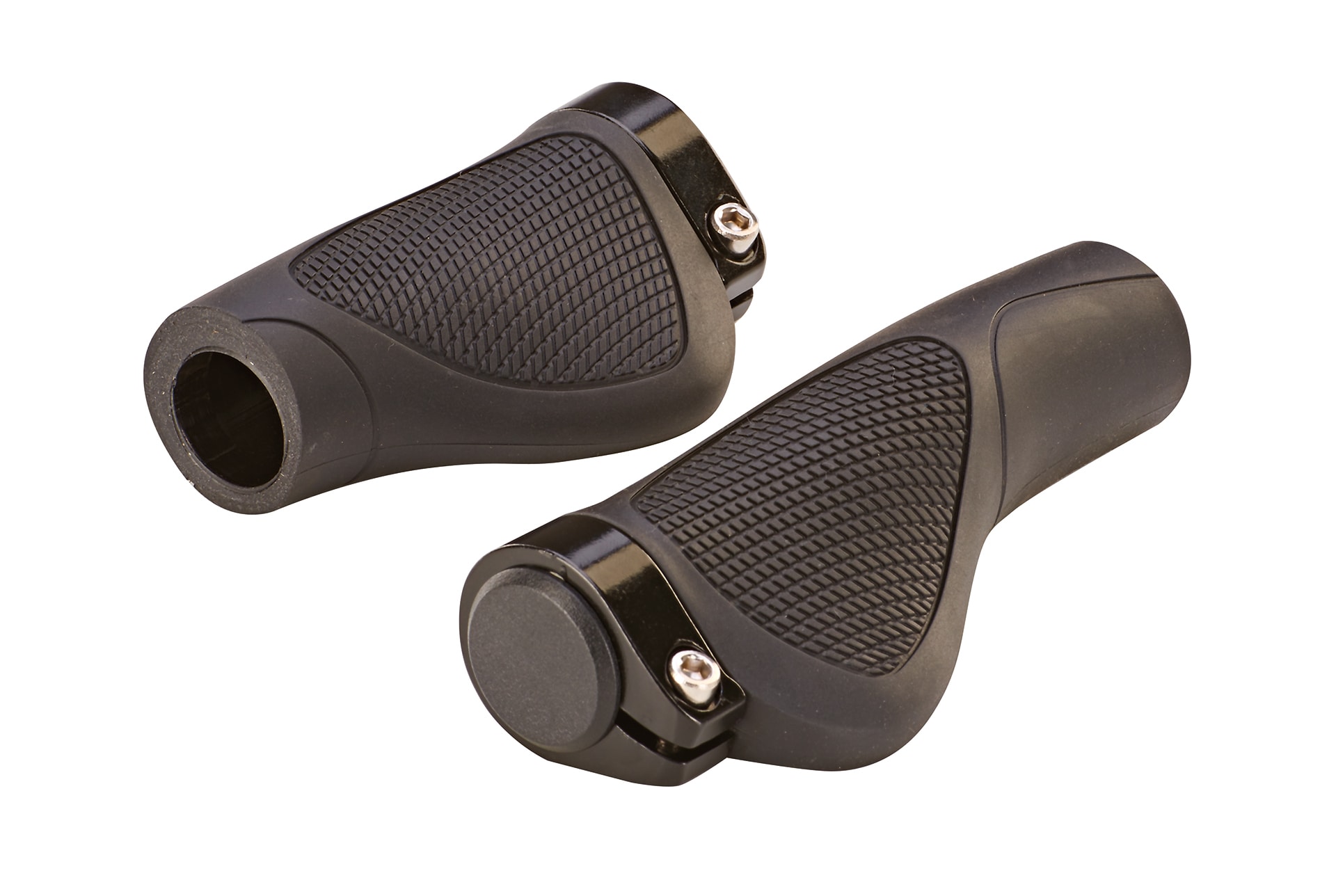 Ergo-Griffe, mit Schraubbefestigung und Lenkerstopfen, passend f&uuml;r Lenker mit Drehgriffschaltung, L&auml;nge: 132 mm (links), 98 mm (rechts), Farbe: schwarz 