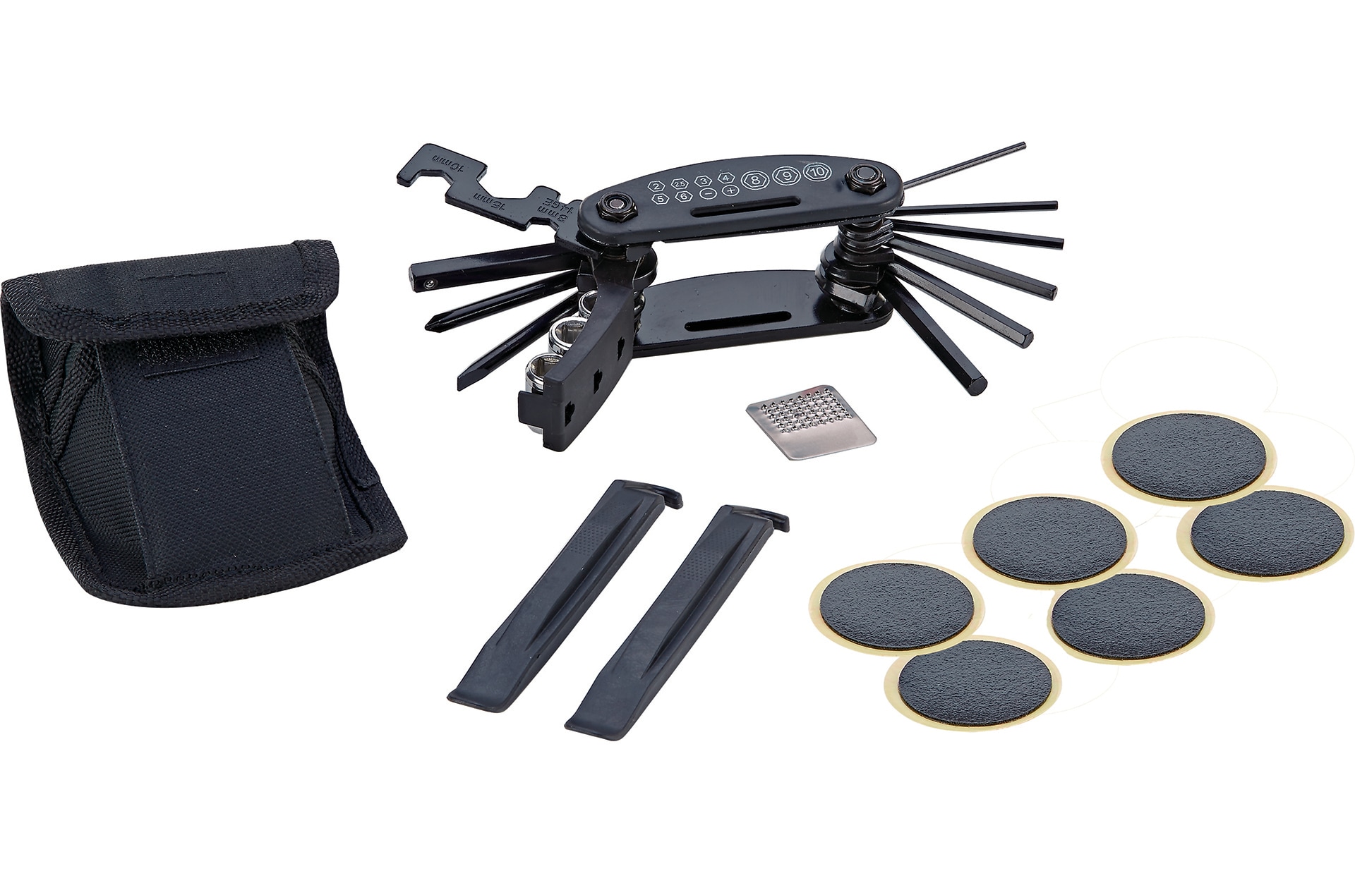 Fahrrad Reparatur-Set, mit Multifunktionswerkzeug mit 15 Funktionen, 2x Reifenheber, 4x selbstklebende Flicken, 1x Aufrauher, 1x G&uuml;rtel-Tasche 