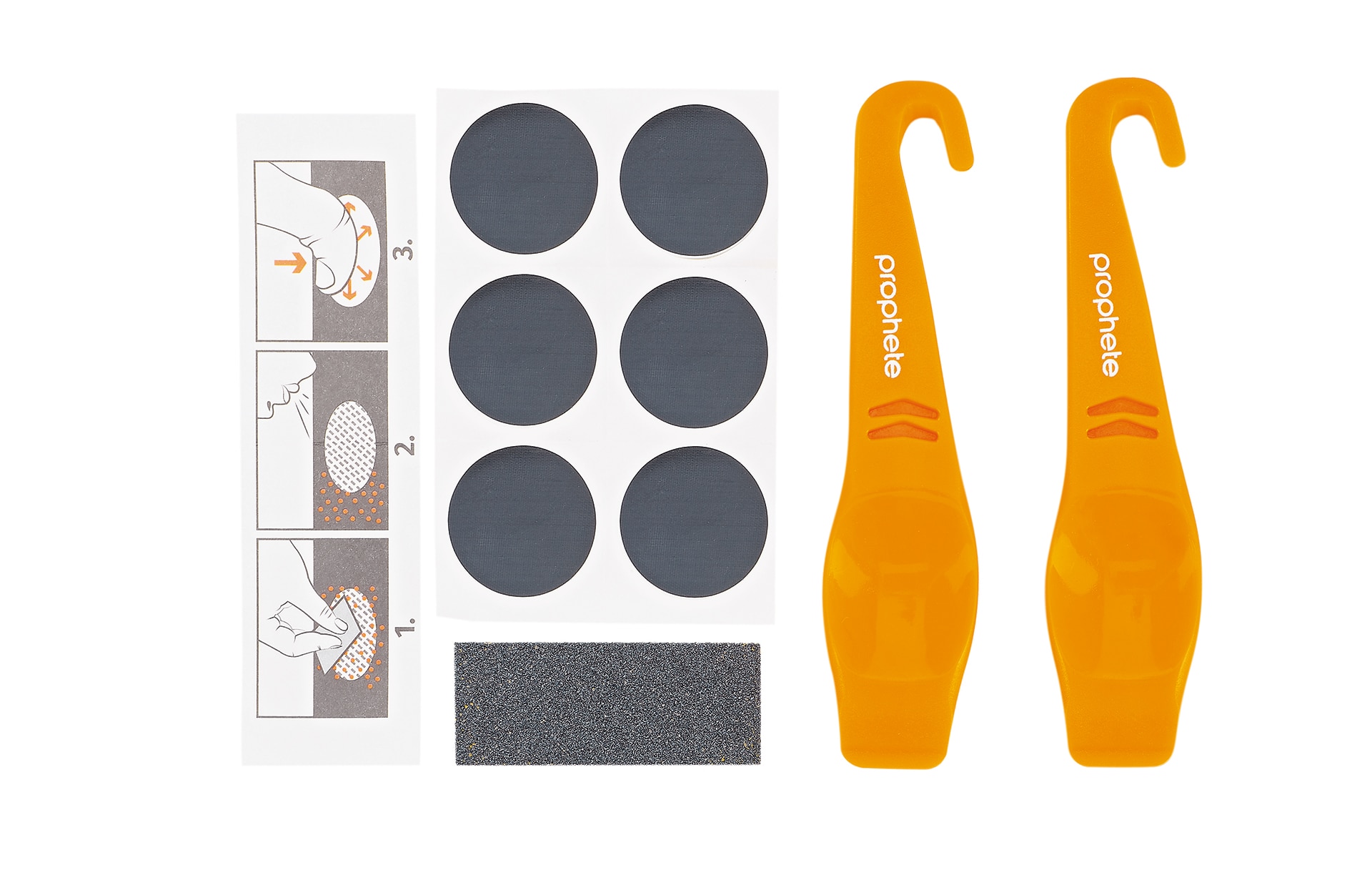 Flickzeug Set, mit 2 Reifenhebern, 6 selbstklebende Flicken, 1 Aufrauher 