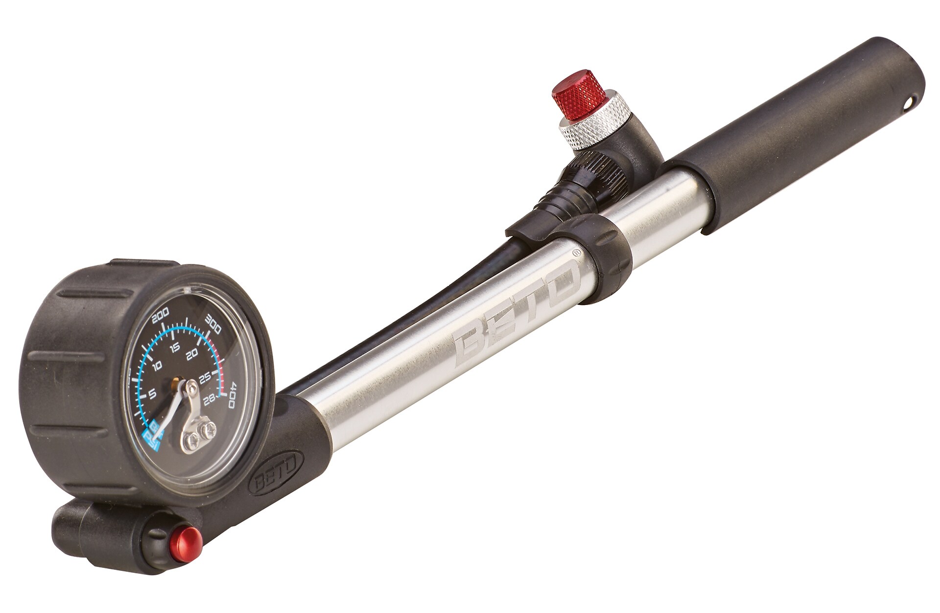 D&auml;mpferpumpe, f&uuml;r D&auml;mpfer und Federgabel, 20 bar, mit Manometer, mit Drehschlauch und Entl&uuml;ftungsknopf, mit ausklappbarem T-Griff 