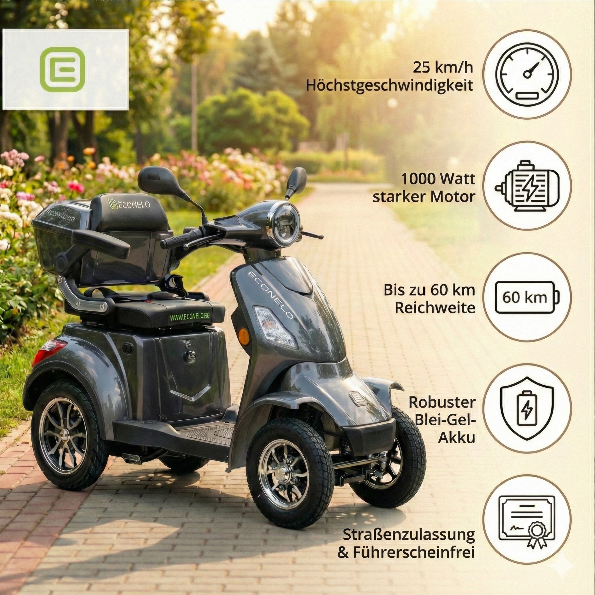 Econelo E-Seniorenmobil Voltrixx, Blei-Akku, 4-Rad, 1000 Watt, Grau 