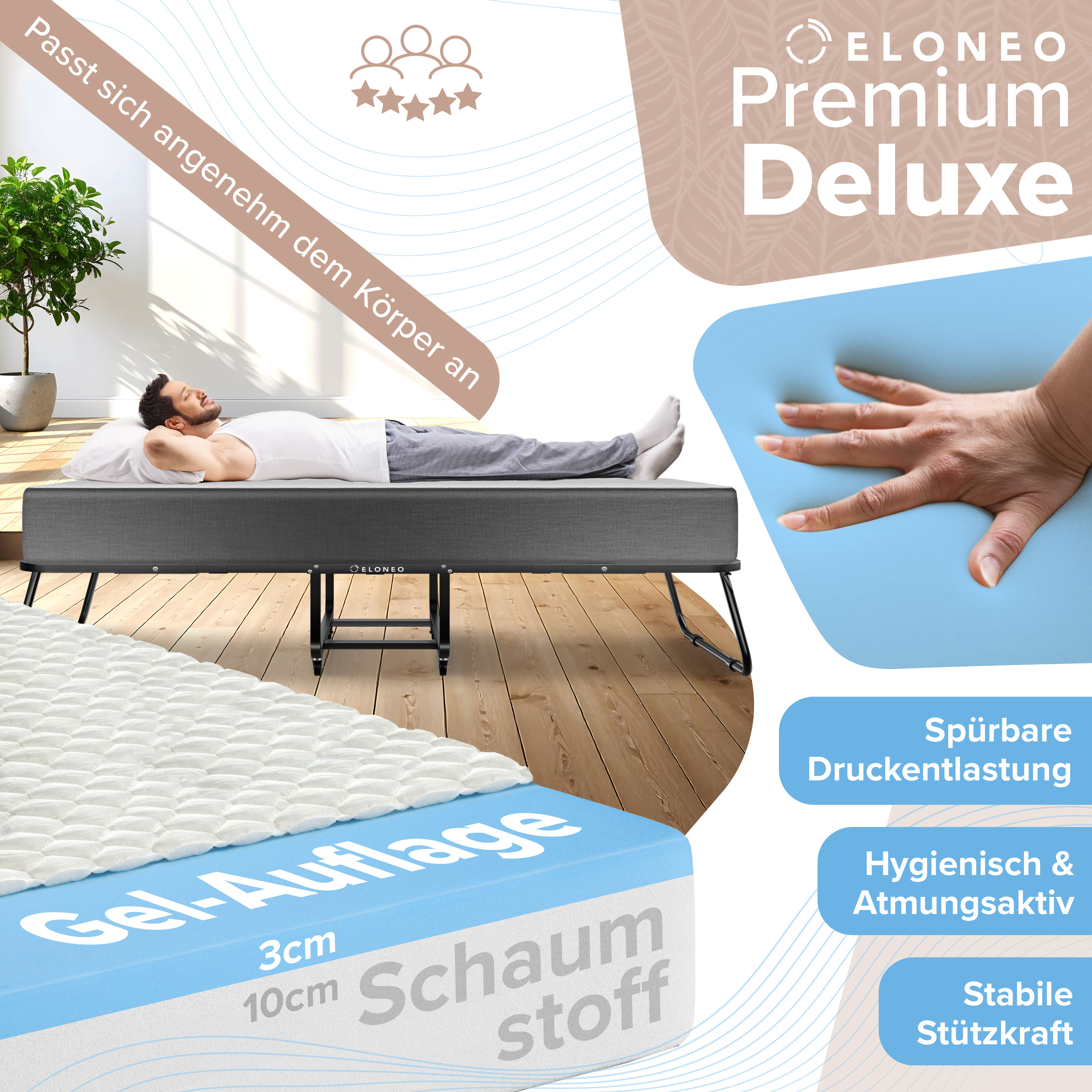 ELONEO Klappbett mit Premium-Matratze, 90x200 cm 