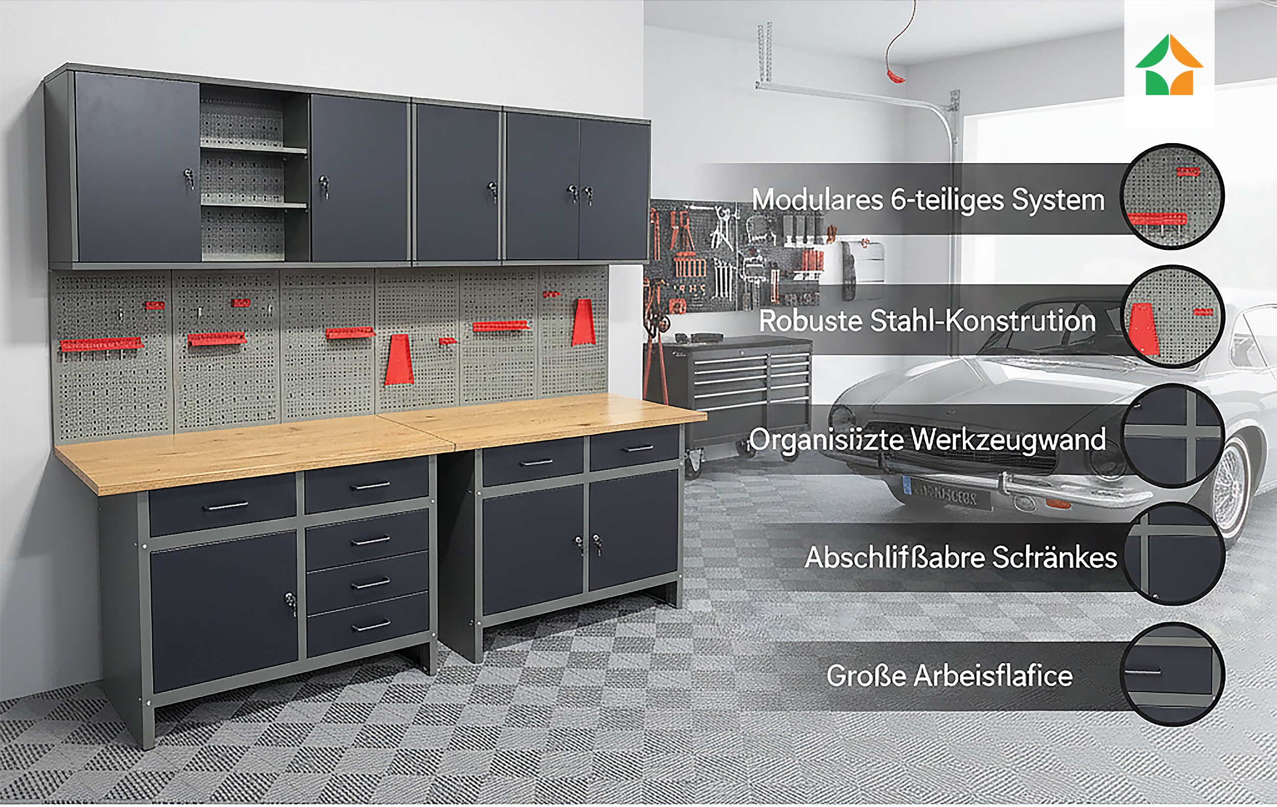 Prestige Works Werkstattwand Werkstatt Set Metall 240cm Werkbank Werkzeugschrank 