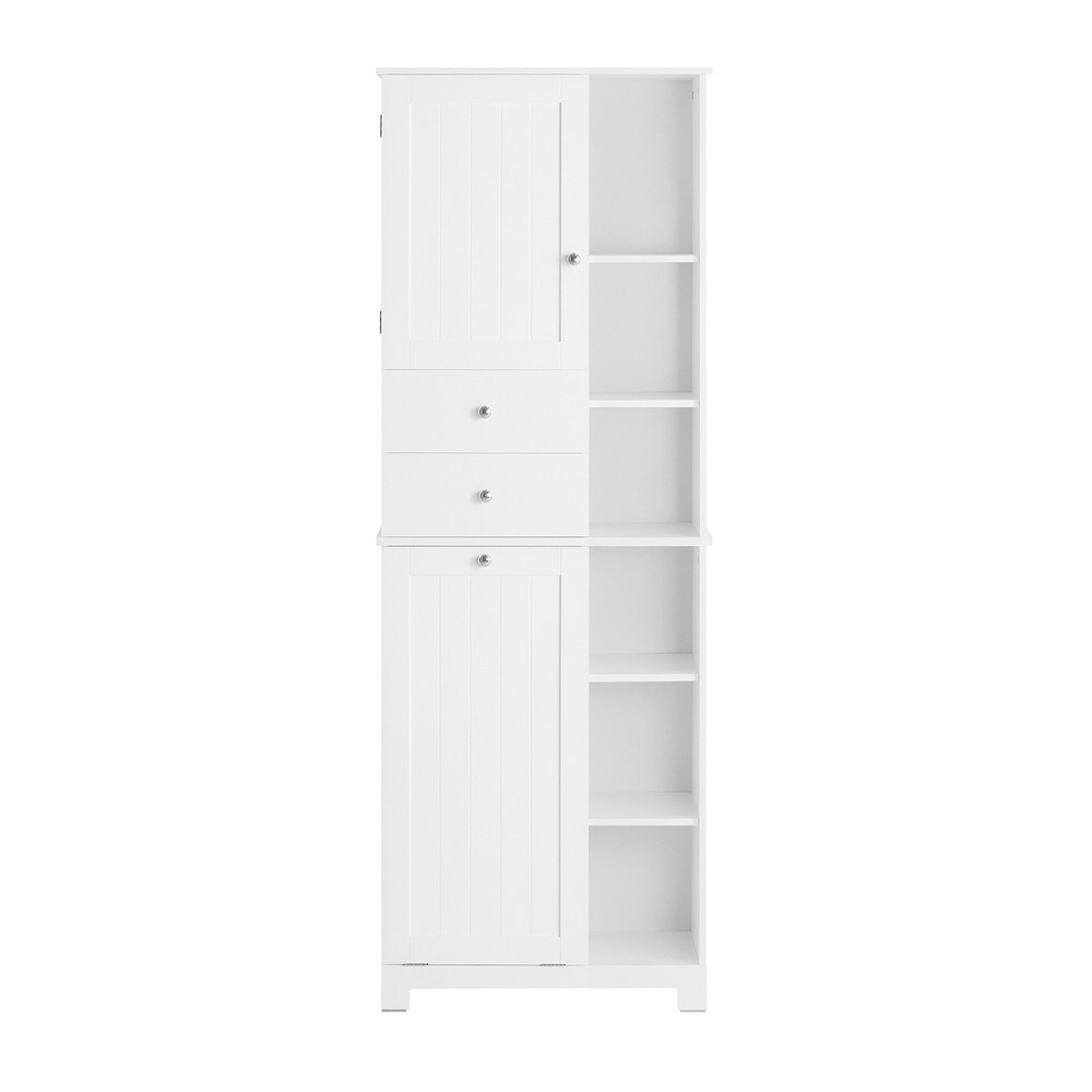 SoBuy Colonne pour Salle de Bain avec Panier à Linge, 6 Étagères, 2 Tiroirs, Blanche