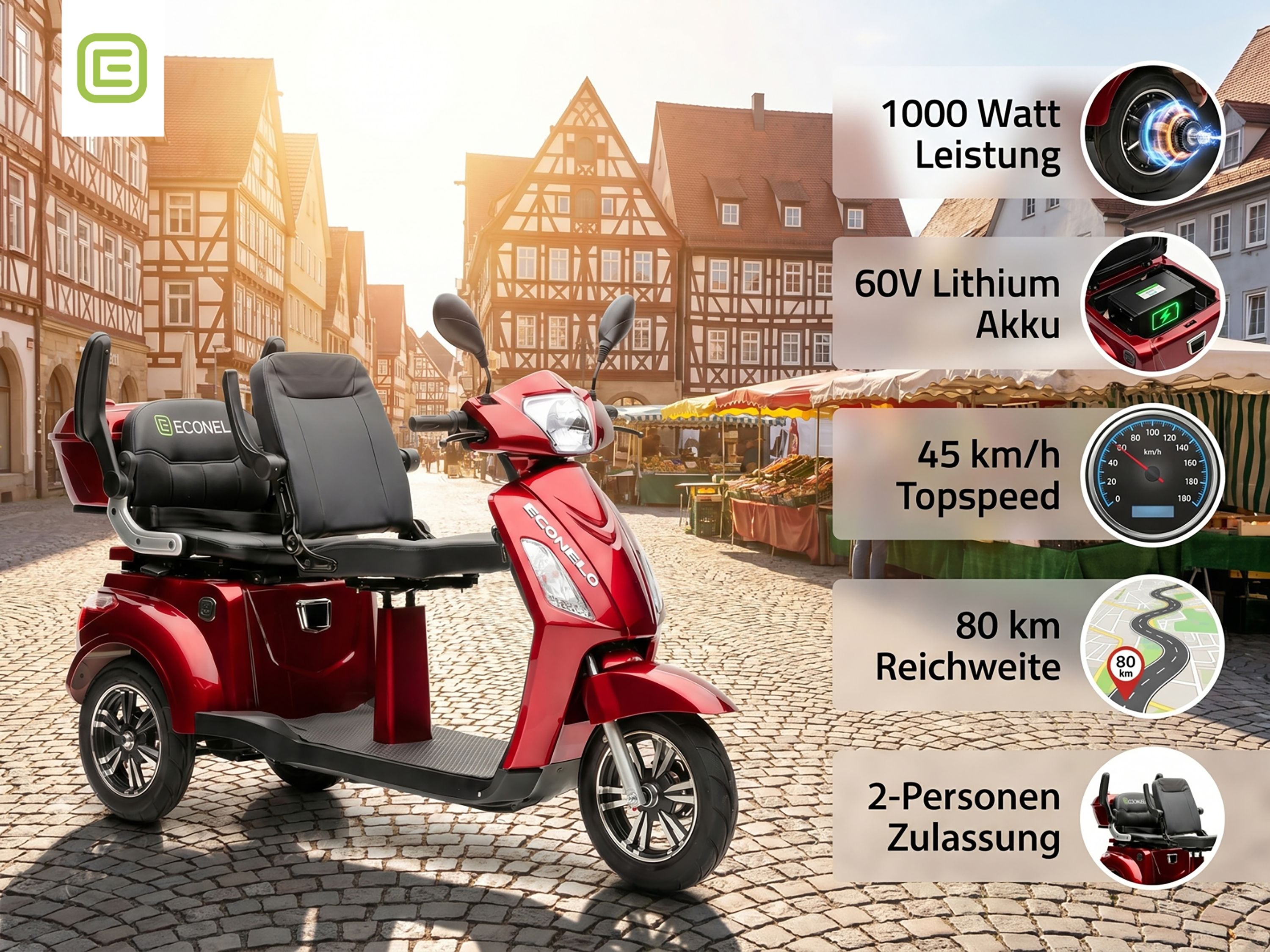ECONELO E-Seniorenmobil Billy 2.0, Blei-Akku, 3-Rad, 60V, 1000 Watt, normal Sitz, Rot 