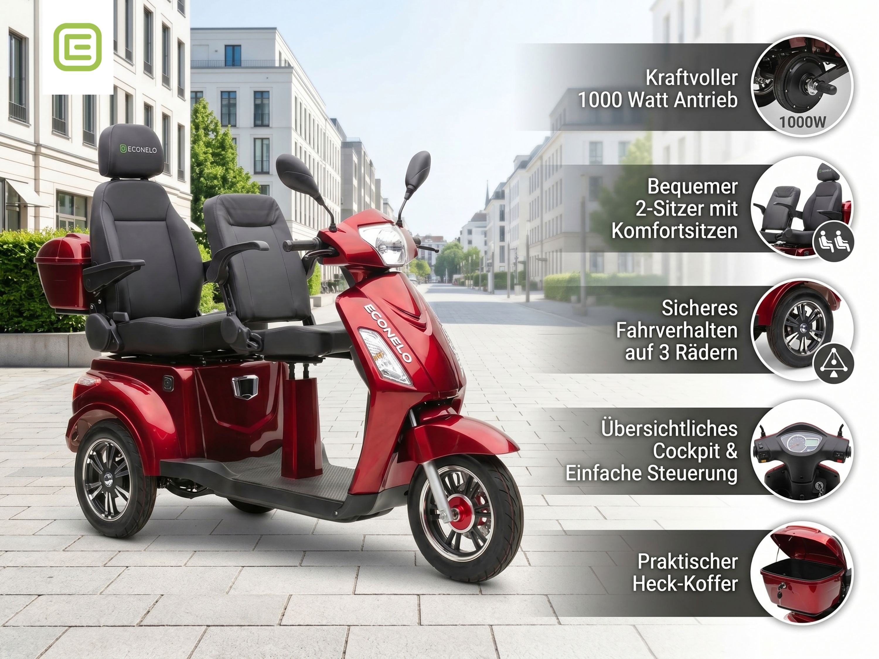 ECONELO E-Seniorenmobil Billy 2.0, Blei-Akku, 3-Rad, 60V, 1000 Watt, gro&szlig; Sitz, Rot 