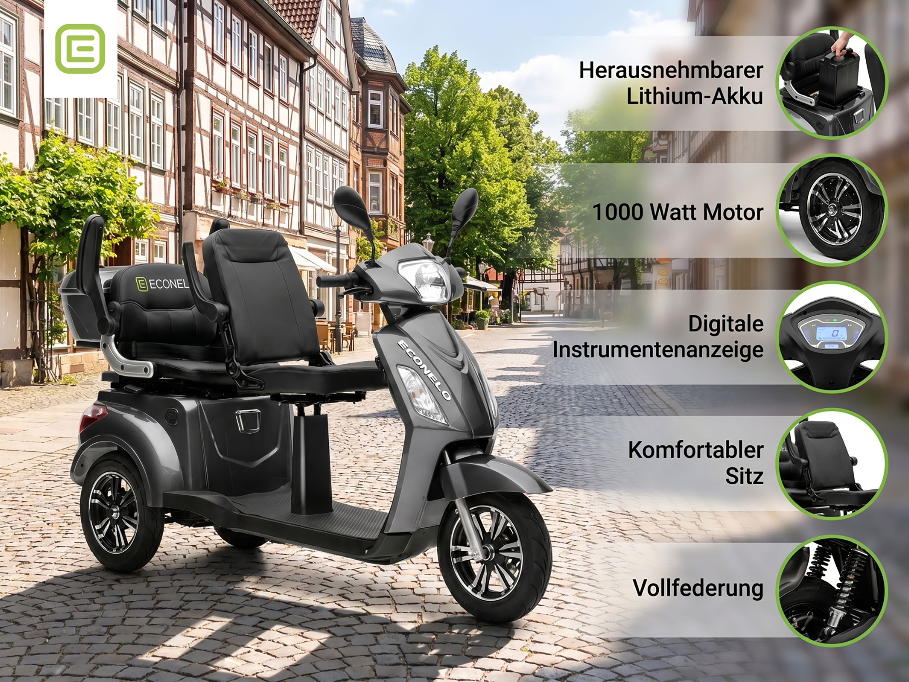 ECONELO E-Seniorenmobil Billy 2.0, Lithium-Akku, 3-Rad, 60V, 1000 Watt, normal Sitz, Grau 