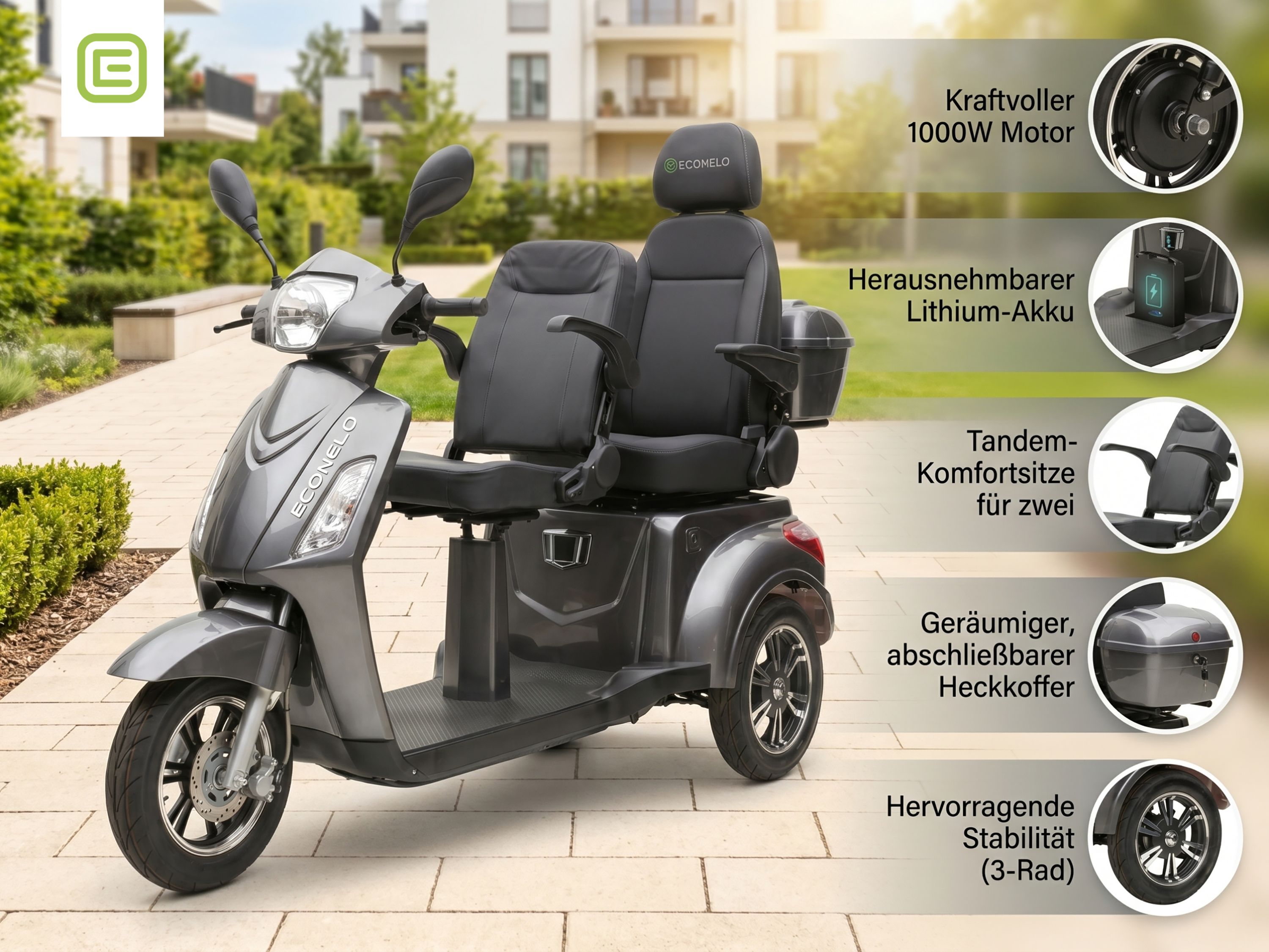 ECONELO E-Seniorenmobil Billy 2.0, Lithium-Akku, 3-Rad, 60V, 1000 Watt, gro&szlig; Sitz, Grau 
