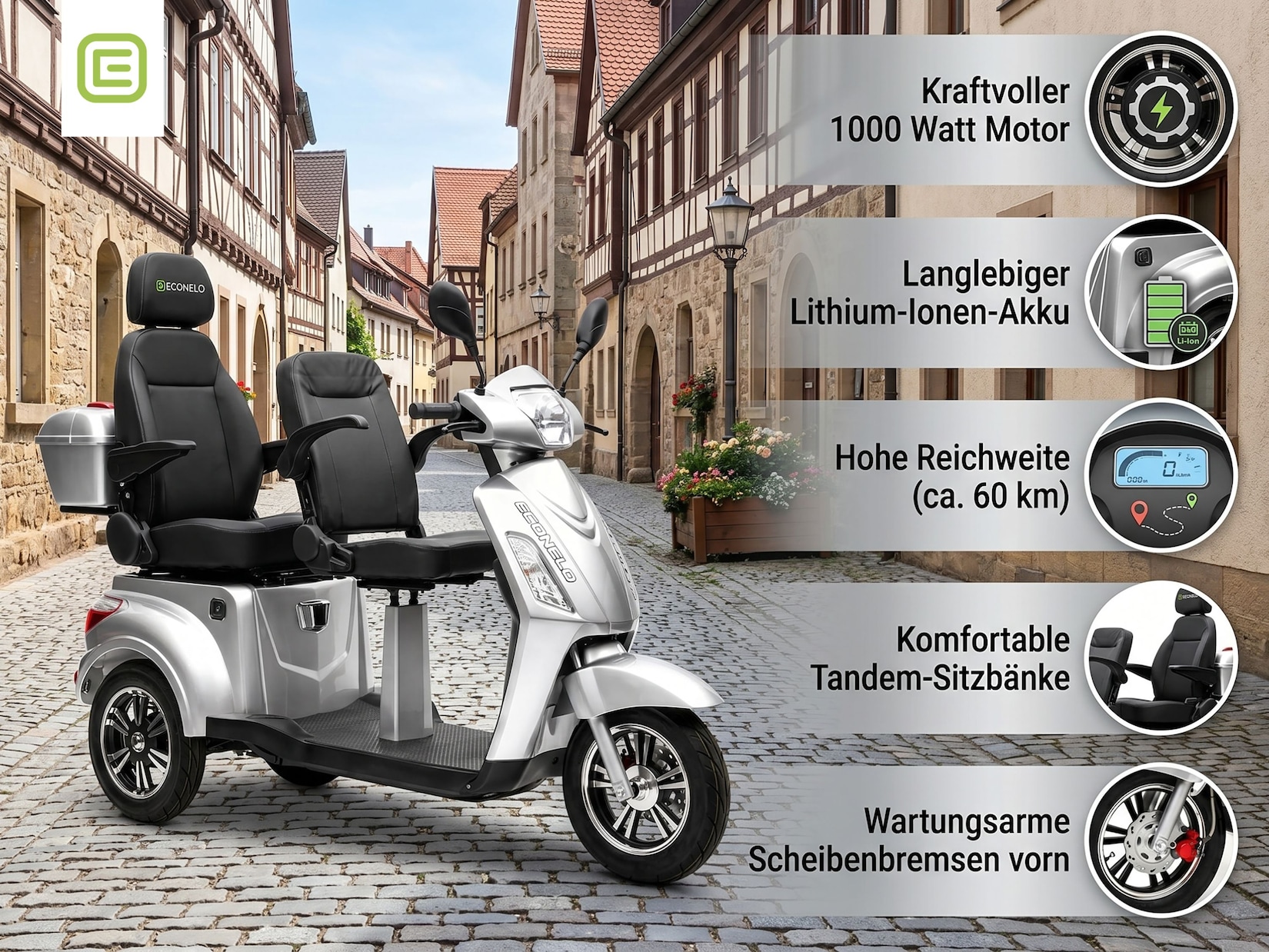 ECONELO E-Seniorenmobil Billy 2.0, Lithium-Akku, 3-Rad, 60V, 1000 Watt, groß Sitz, Silber