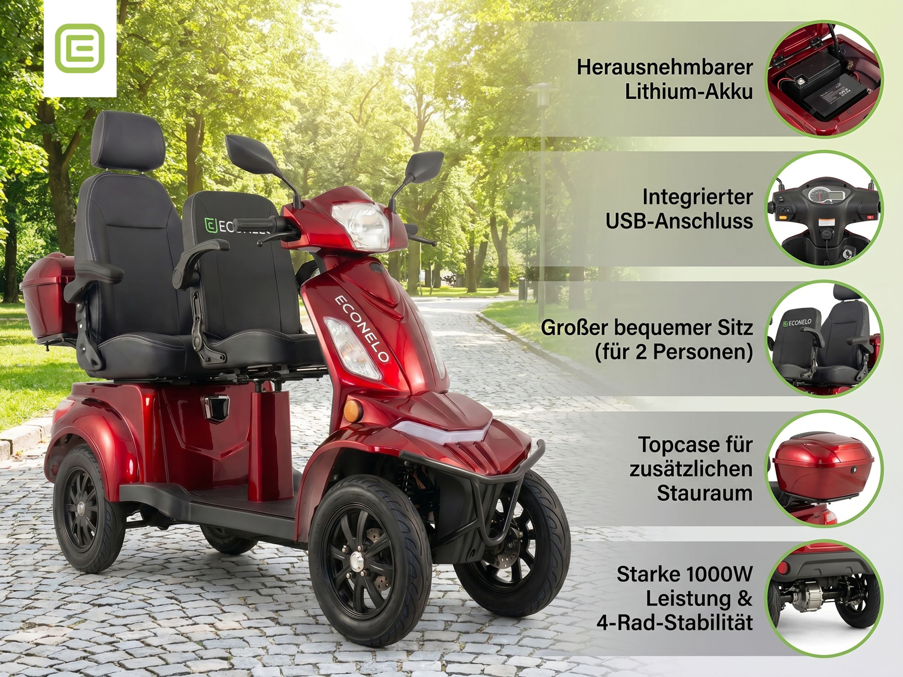 E-Seniorenmobil Vista Quarter-1L, Blei-Akku, 4-Rad, 60V, 1000 Watt, Komfort-Sitz, Rot 