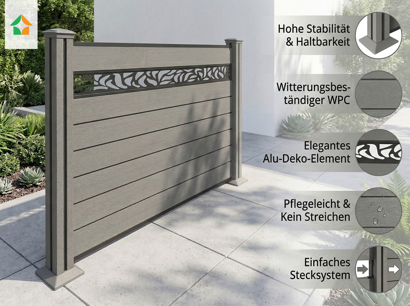 WPC-Sichtschutzzaun Valla – 1 Elemente mit 2 Pfosten – 130 cm Höhe mit Dekorelement – Grau