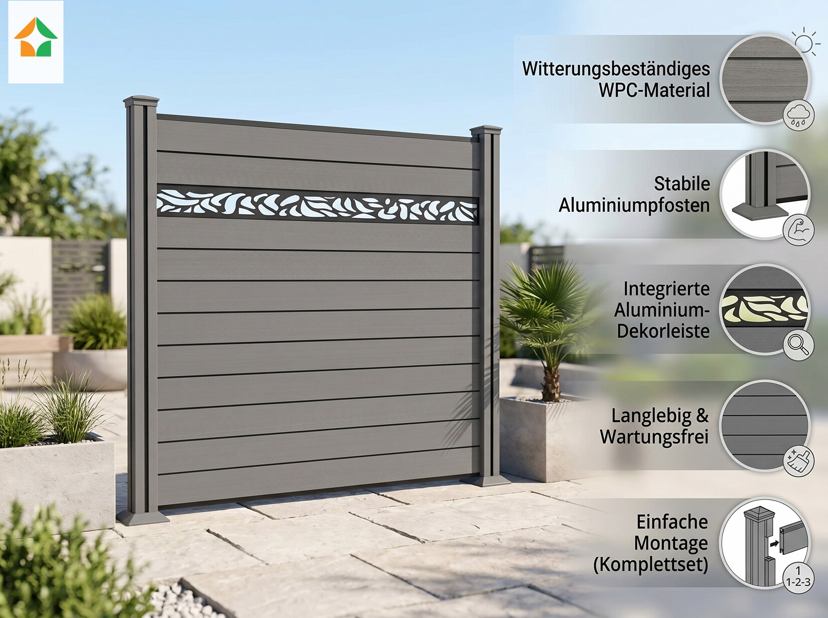 WPC-Sichtschutzzaun Valla – 1 Elemente mit 2 Pfosten – 190 cm Höhe mit Dekorelement – Grau