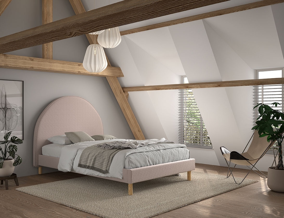 MOON Polsterbett mit Liegefl&auml;che 140 x 200 cm, inkl Lattenrost, Bezug trendiger Boucle Stoff in Rosa 