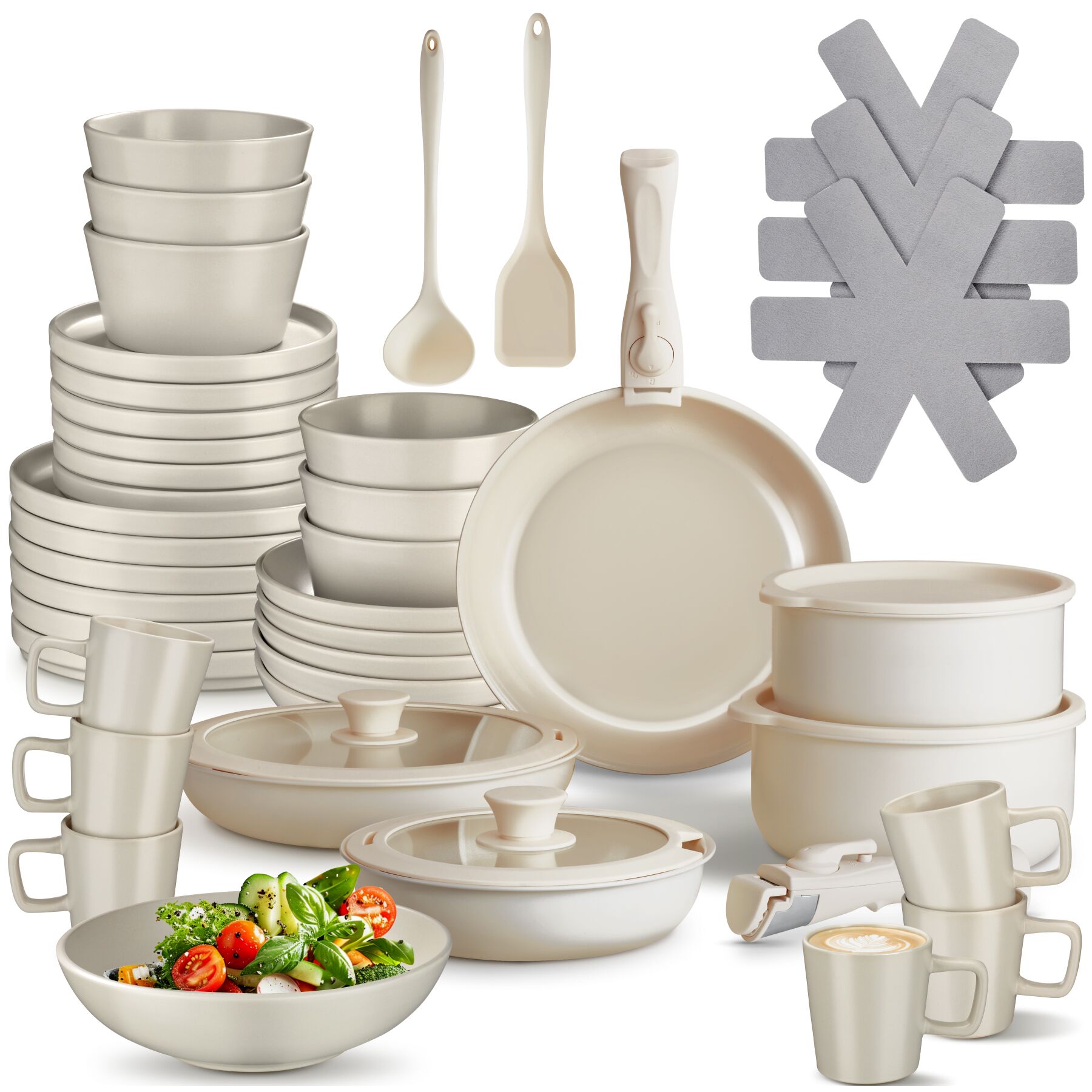 tectake&reg; K&uuml;chenstarterset, Geschirrset aus Steingut, mit Glasur, hitzebest&auml;ndig und kratzfest, inklusive K&uuml;chenwerkzeugen, Topfschonern und anklemmbaren Griffen 