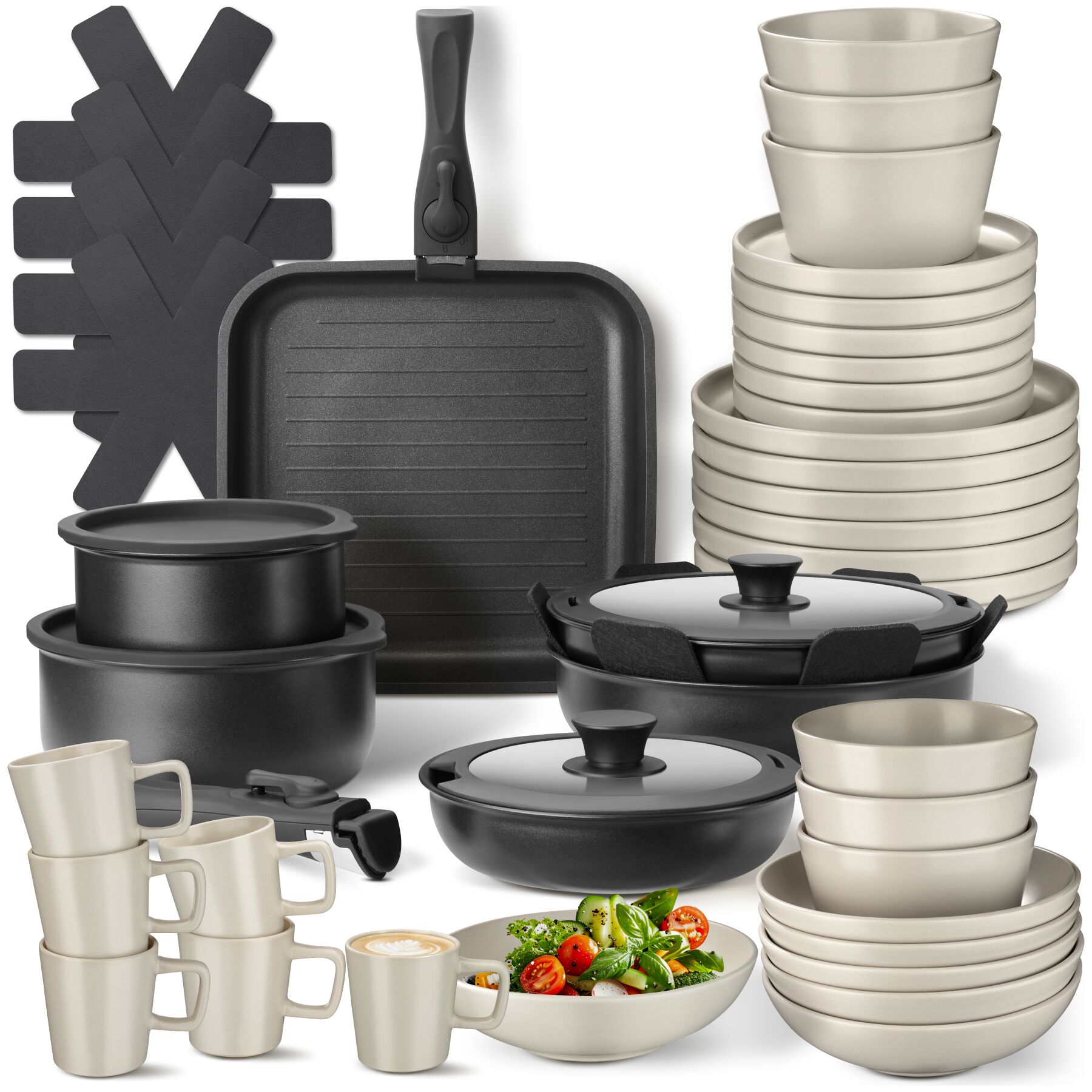 tectake&reg; K&uuml;chenstarterset, Geschirrset aus Steingut, mit Glasur, hitzebest&auml;ndig und kratzfest, inklusive Topfschonern und anklemmbaren Griffen 