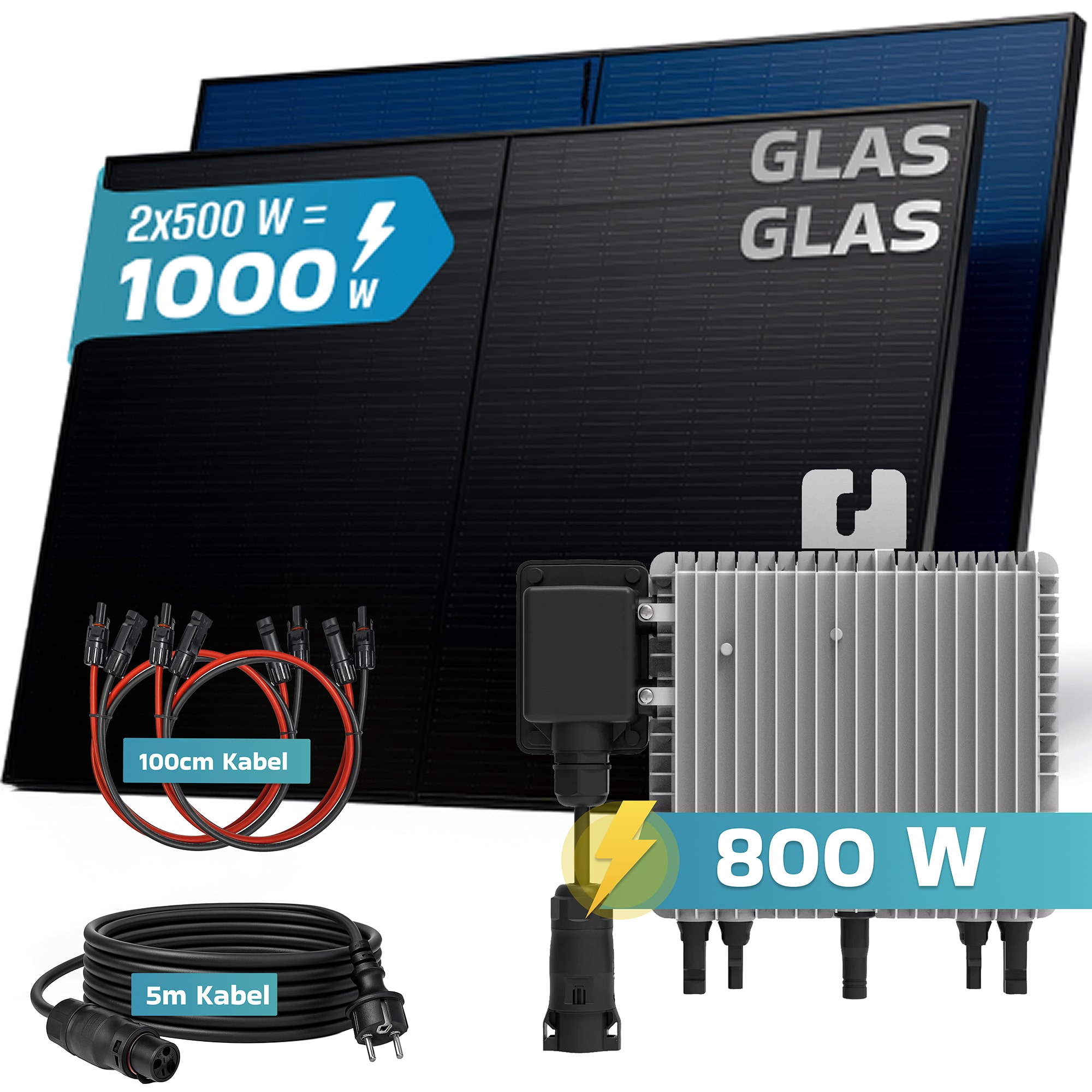 SUNNIVA&reg; 1000W Balkonkraftwerk BIFAZIAL FULLBLACK komplett Steckdose DEYE 800W Wechselrichter, PV Solaranlage, 2x 500W Glas-Glas Solarmodule, inkl. 5m Kabel, Bluetooth WIFI, Komplettset 