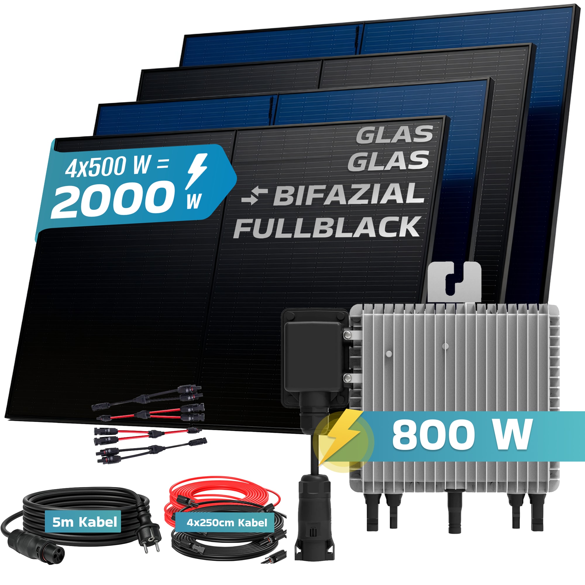SUNNIVA&reg; 2000W Balkonkraftwerk BIFAZIAL FULLBLACK komplett Steckdose DEYE 800W Wechselrichter, PV Solaranlage, 4x 500W Glas-Glas Solarmodule, inkl. 5m Kabel, Bluetooth WIFI, Komplettset 