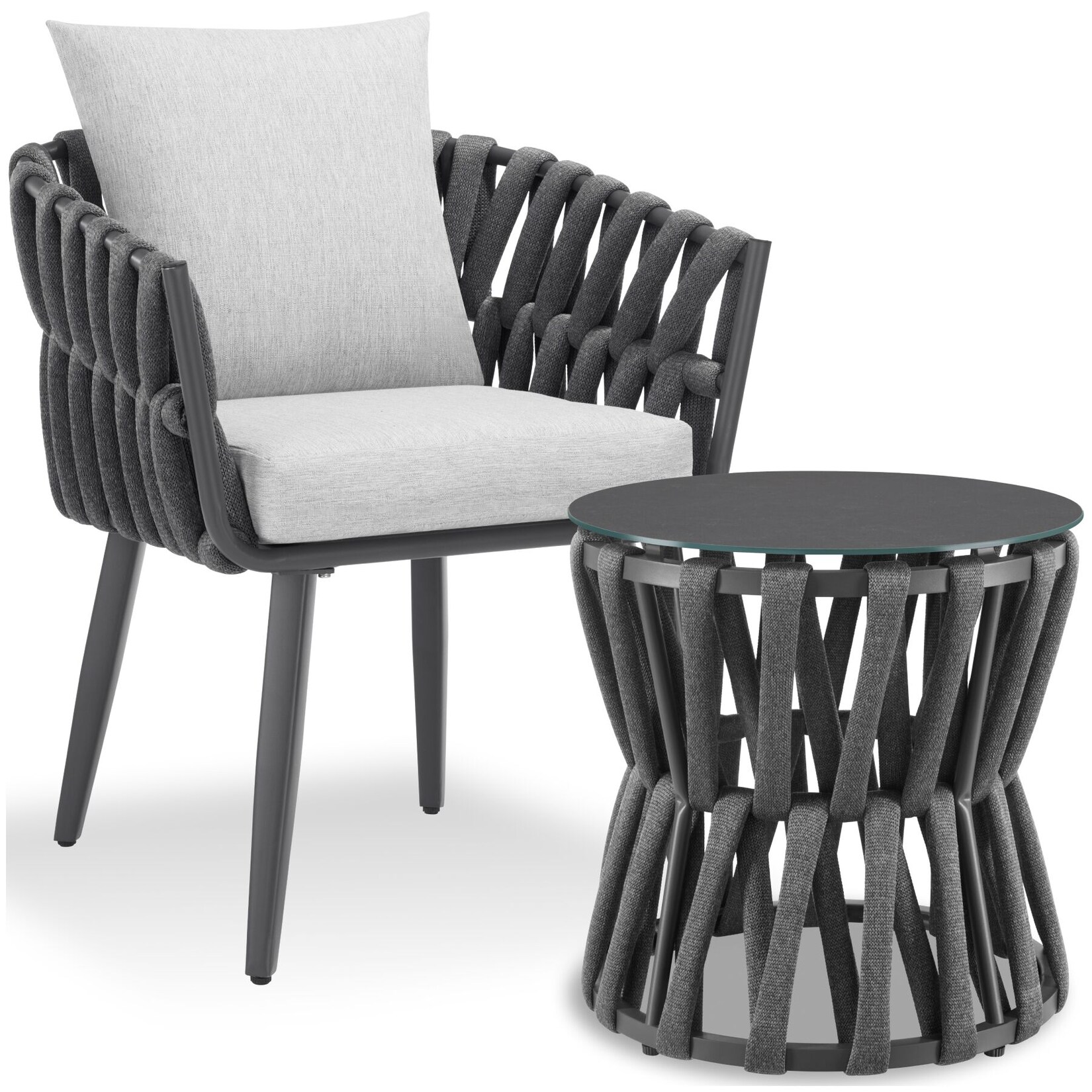 tectake® Aluminium Gartenlounge-Set, im Rope-Design, dicke Polsterung, höhenverstellbare Kunststofffüße, Sicherheitsglasplatte