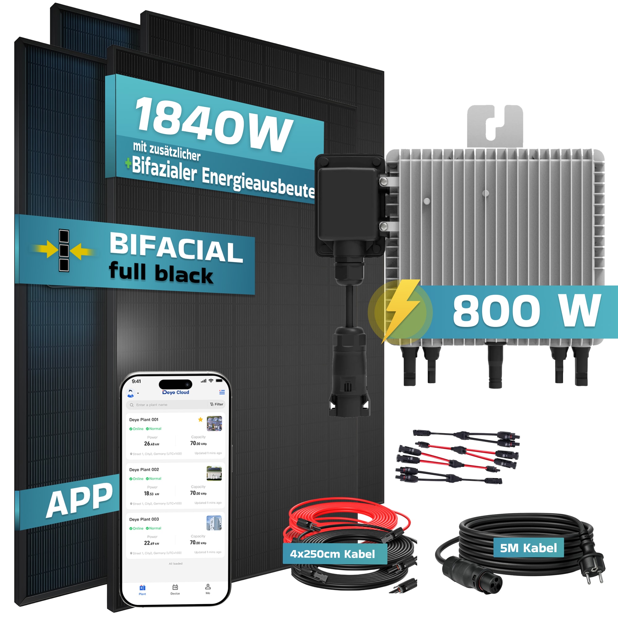 SUNNIVA&reg; 1840W Balkonkraftwerk BIFAZIAL FULLBLACK komplett Steckdose DEYE 800W Wechselrichter, PV Solaranlage, 4x 460W Glas-Glas Solarmodule, inkl. 5m Kabel, Bluetooth WIFI, Komplettset 