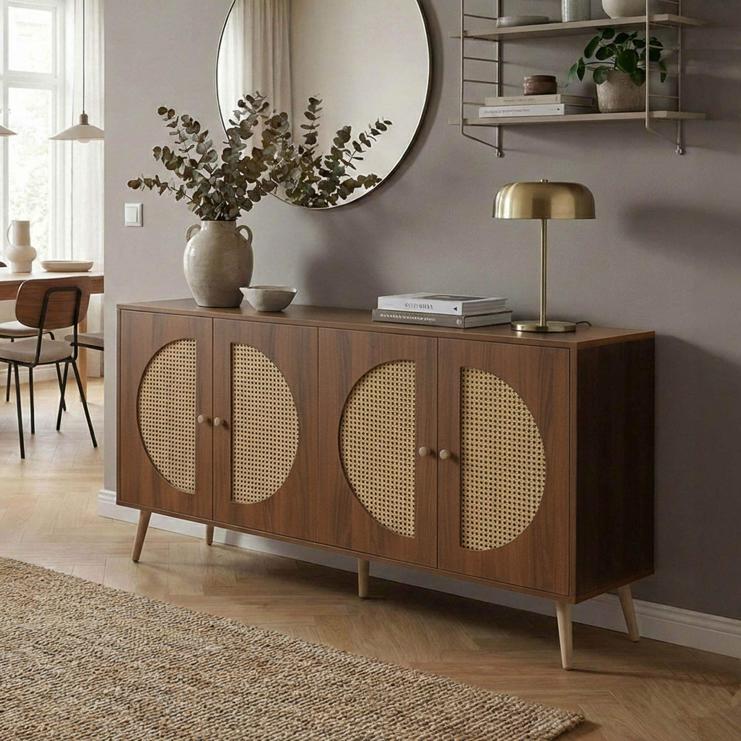 Sideboard MCW-P49, Schrank Kommode mit T&uuml;ren Anrichte Stauf&auml;cher, Poly-Rattanfront MDF Melamin 80x160x40cm ~ braun 