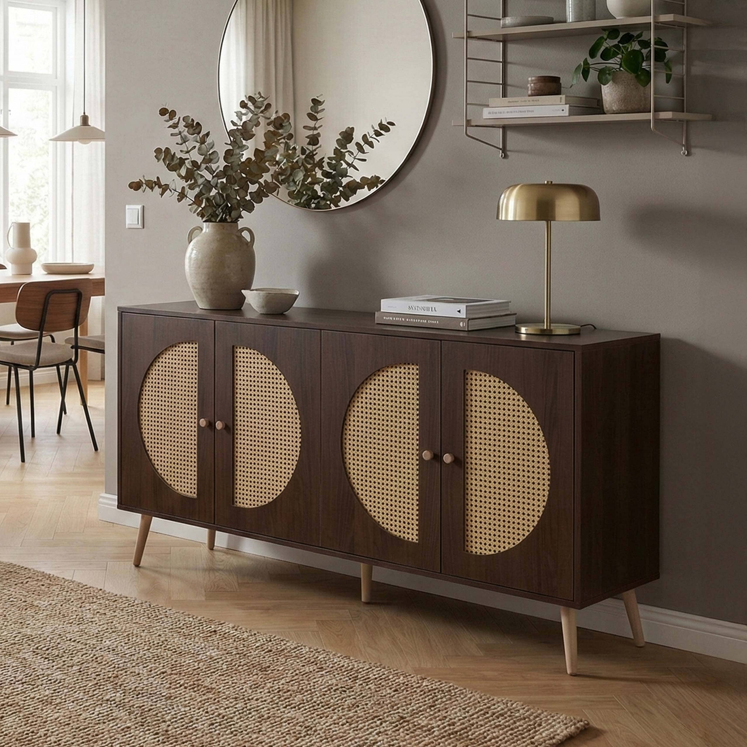 Sideboard MCW-P49, Schrank Kommode mit T&uuml;ren Anrichte Stauf&auml;cher, Poly-Rattan MDF Melamin 80x160x40cm ~ Walnuss-Optik 