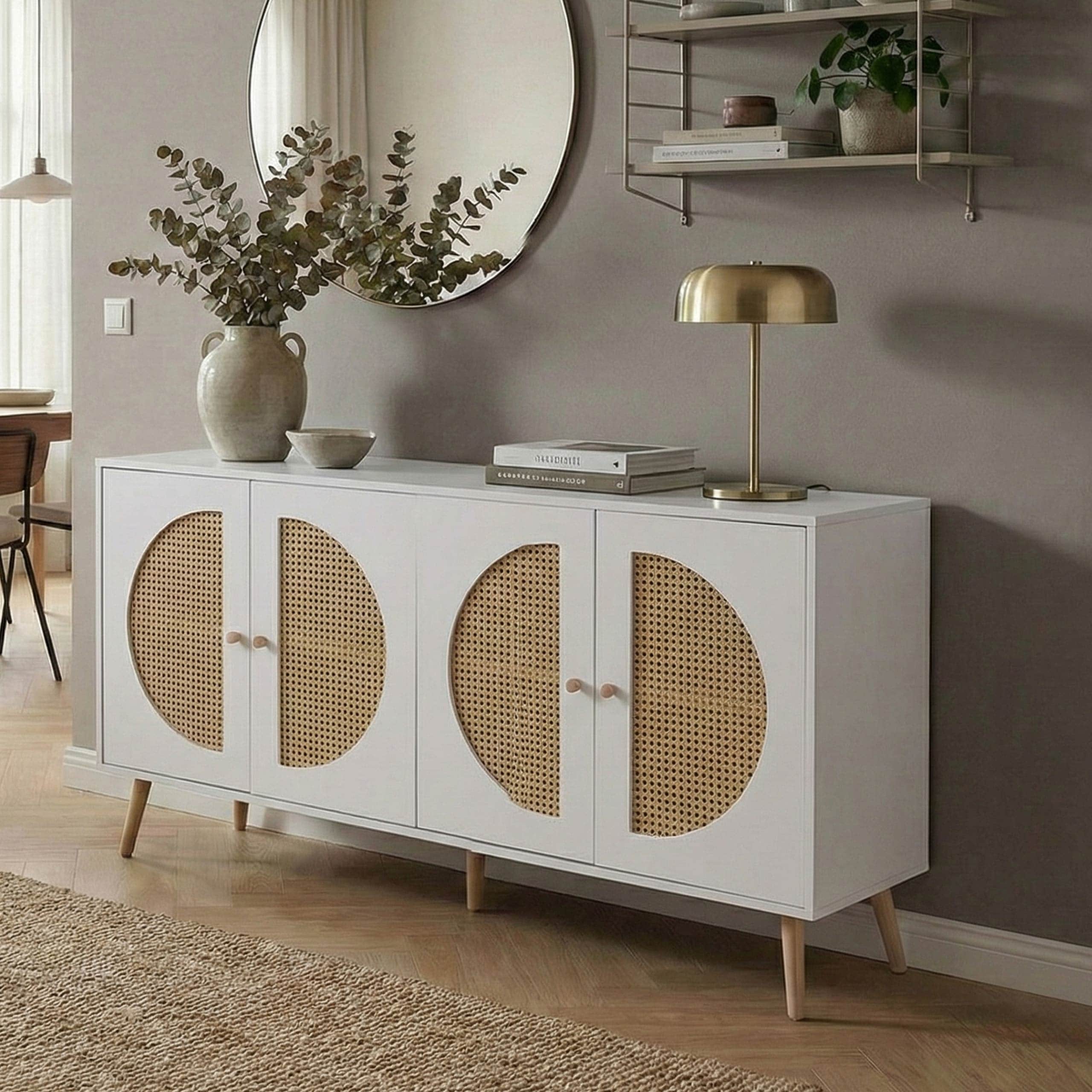 Sideboard MCW-P49, Schrank Kommode mit T&uuml;ren Anrichte Stauf&auml;cher, Poly-Rattan MDF Melamin 80x160x40cm ~ wei&szlig; 