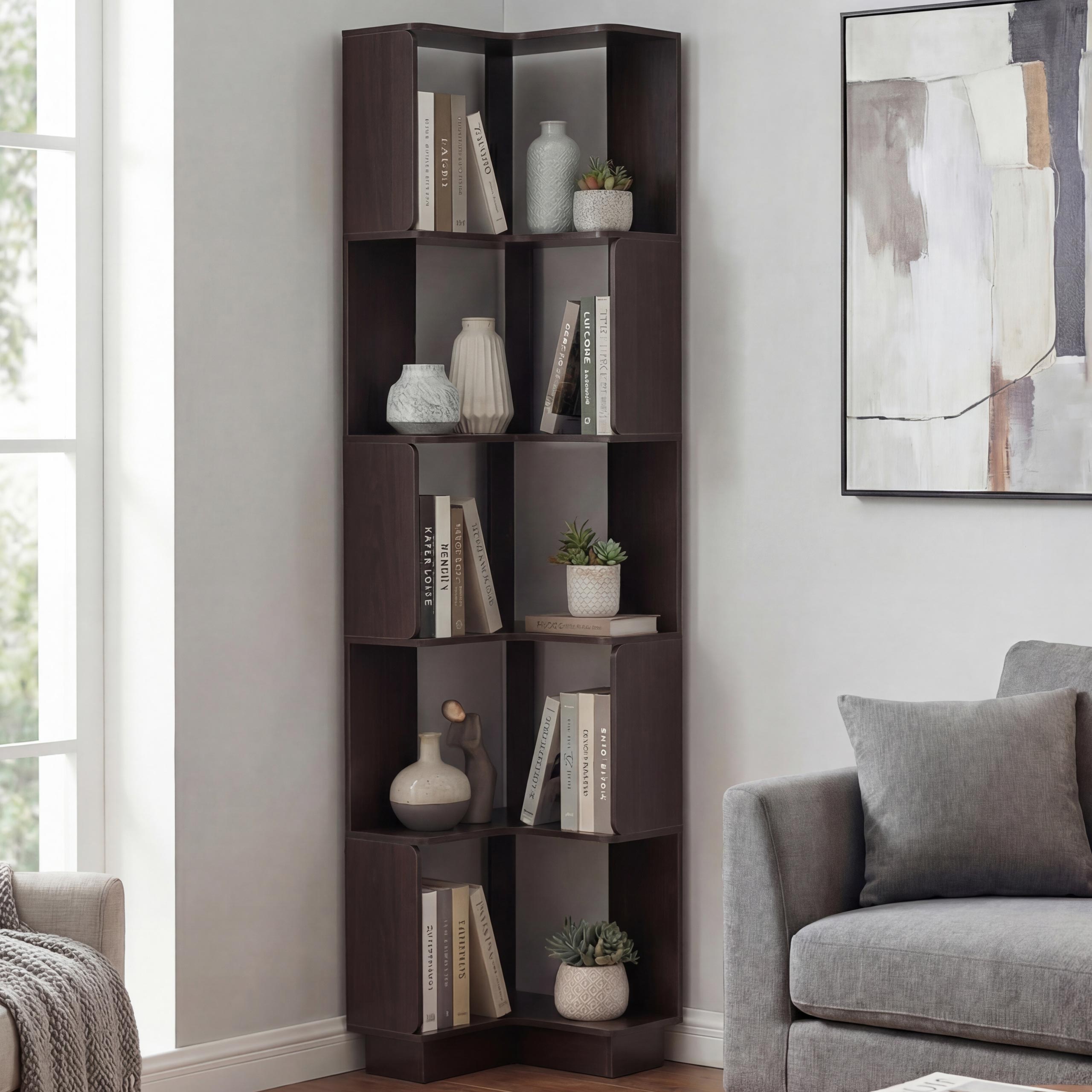 Eck-B&uuml;cherregal MCW-P53, Eckregal Standregal Wohnregal, 5 Ebenen MDF Melamin 175x40x40cm ~ Walnuss-Optik 
