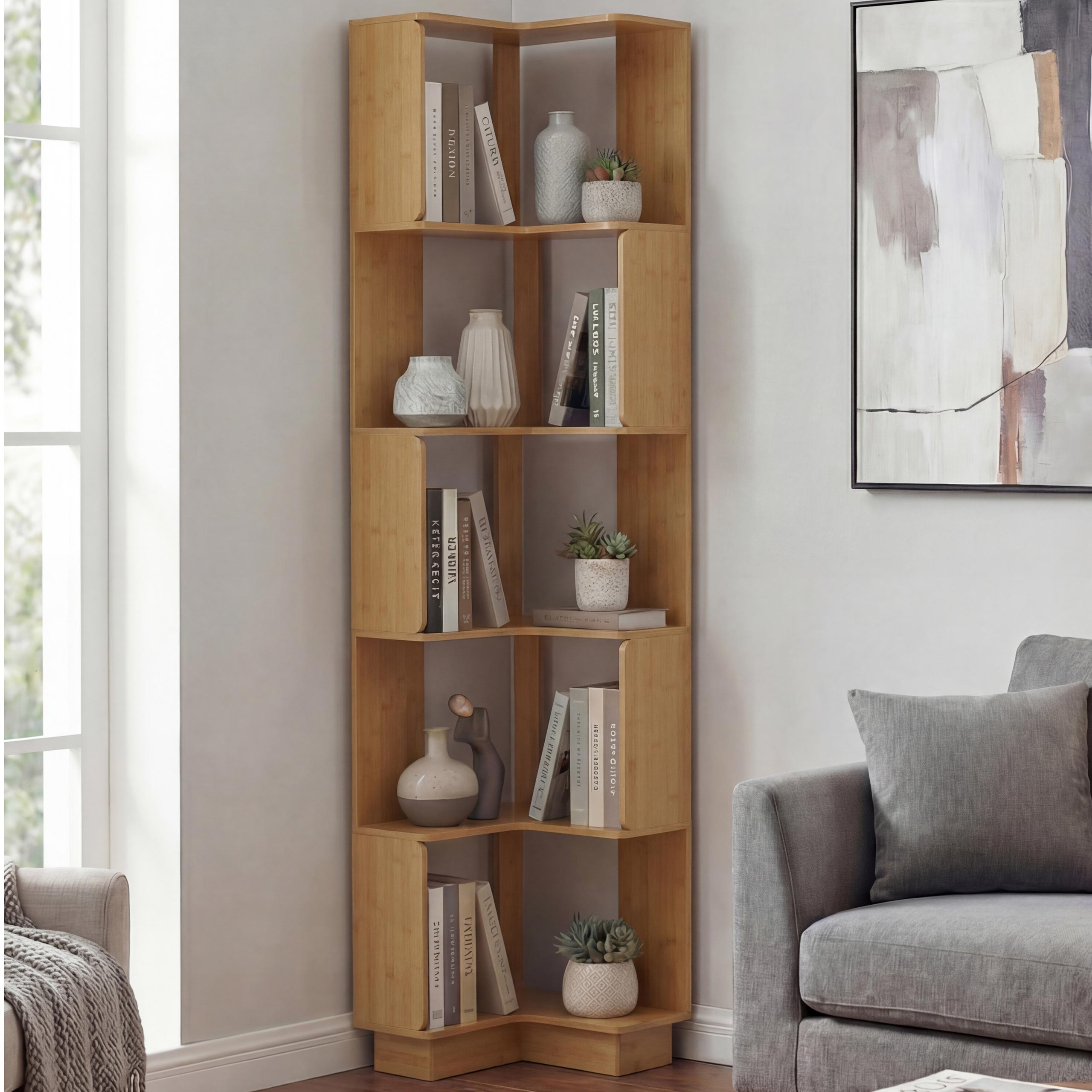 Eck-B&uuml;cherregal MCW-P53, Eckregal Standregal Wohnregal, 5 Ebenen MDF Melamin 175x40x40cm ~ Bambus-Optik 