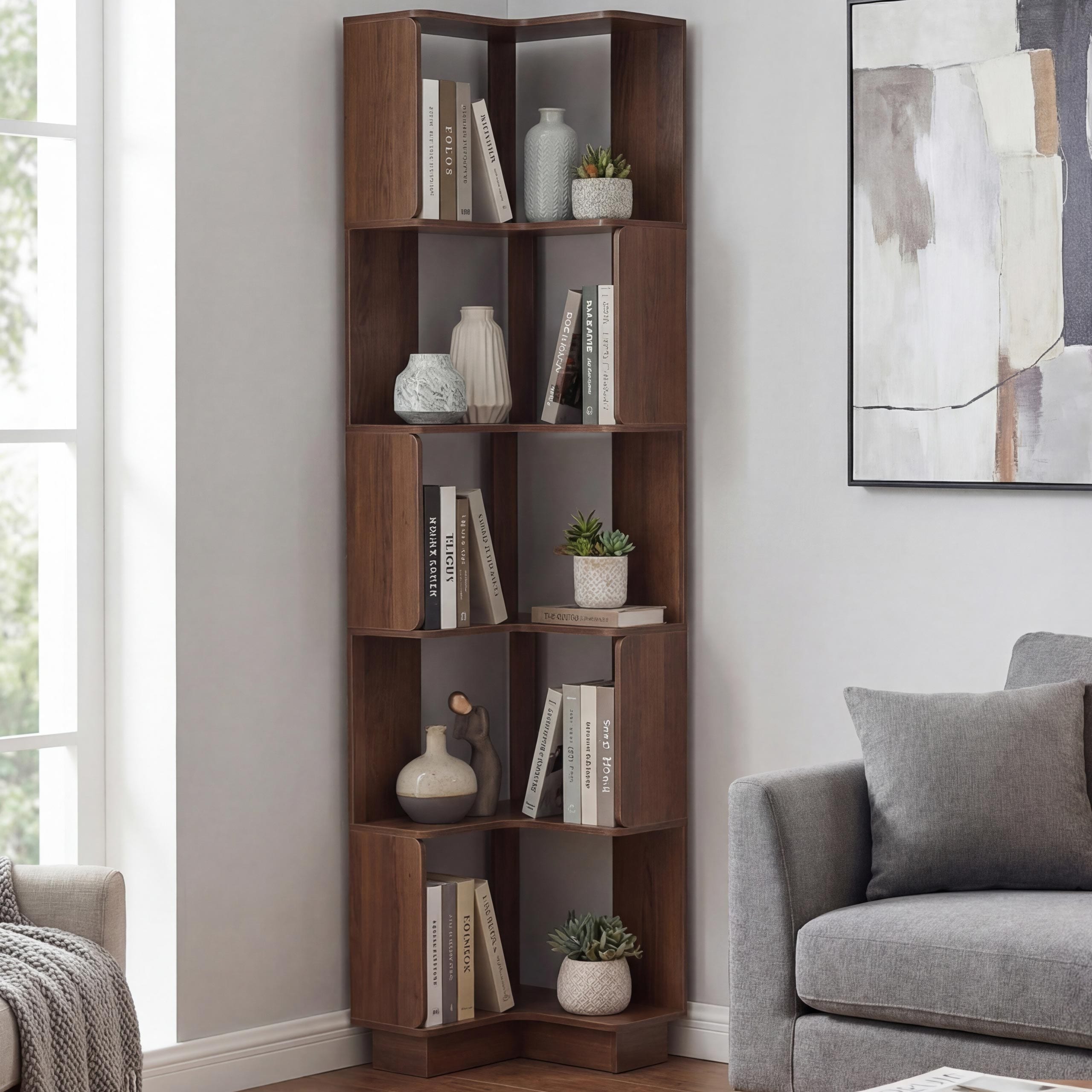 Eck-B&uuml;cherregal MCW-P53, Eckregal Standregal Wohnregal, 5 Ebenen MDF Melamin 175x40x40cm ~ braun 