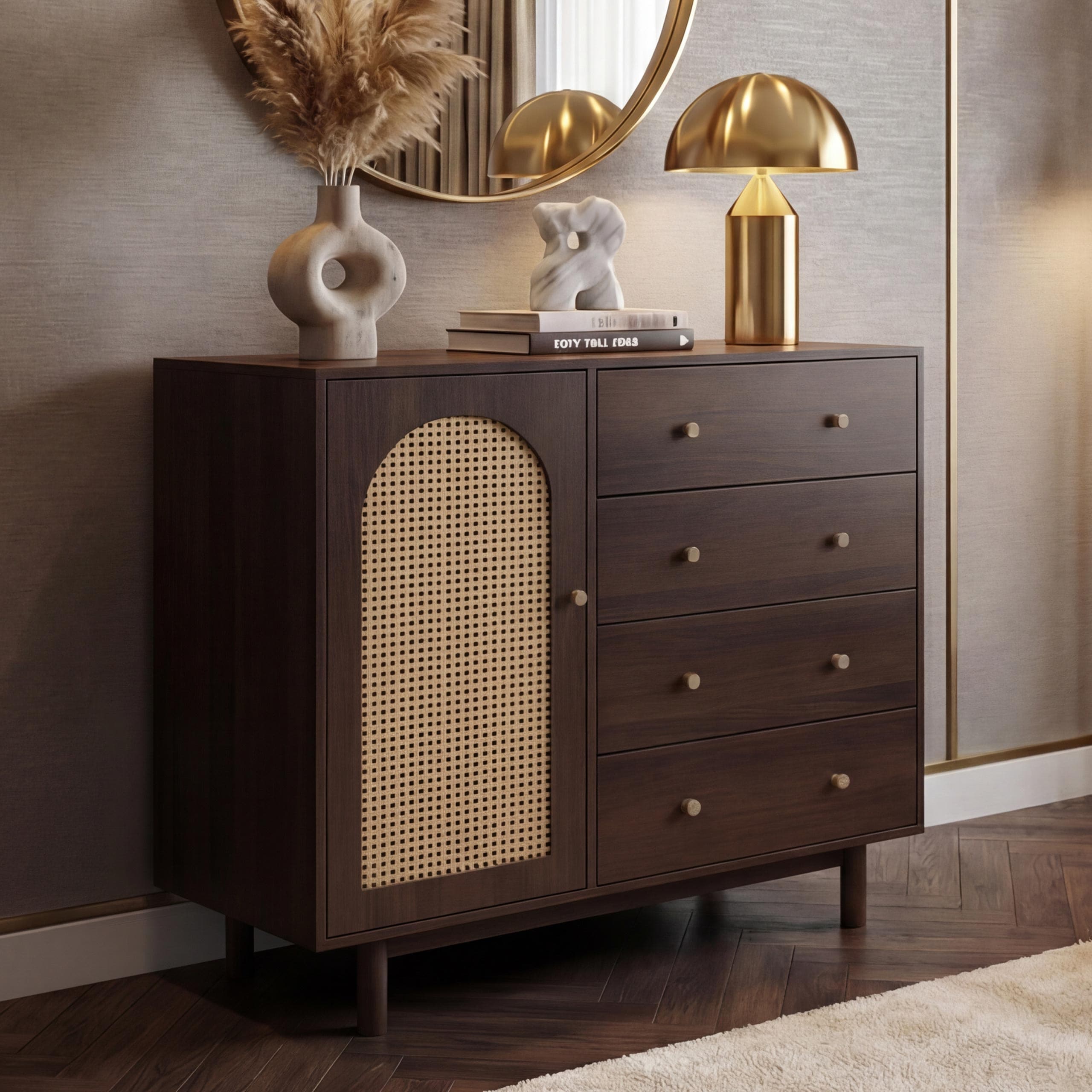 Kommode MCW-P52, Schrank Sideboard Highboard, Schubladen Stauf&auml;cher, Poly-Rattan MDF Melamin 95x100x40cm ~ Walnuss-Optik 