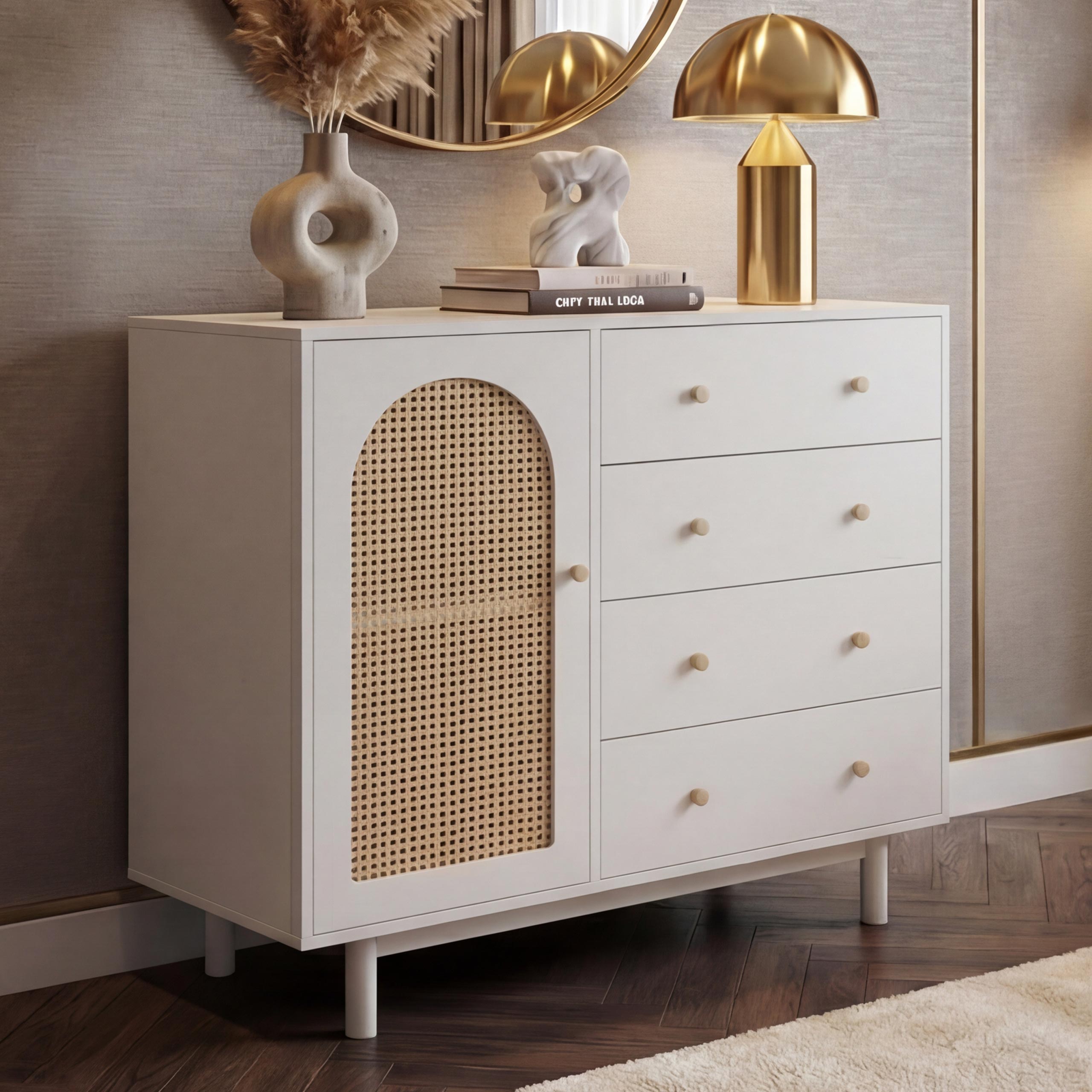 Kommode MCW-P52, Schrank Sideboard Highboard, Schubladen Stauf&auml;cher, Poly-Rattan MDF Melamin 95x100x40cm ~ wei&szlig; - Bild 1