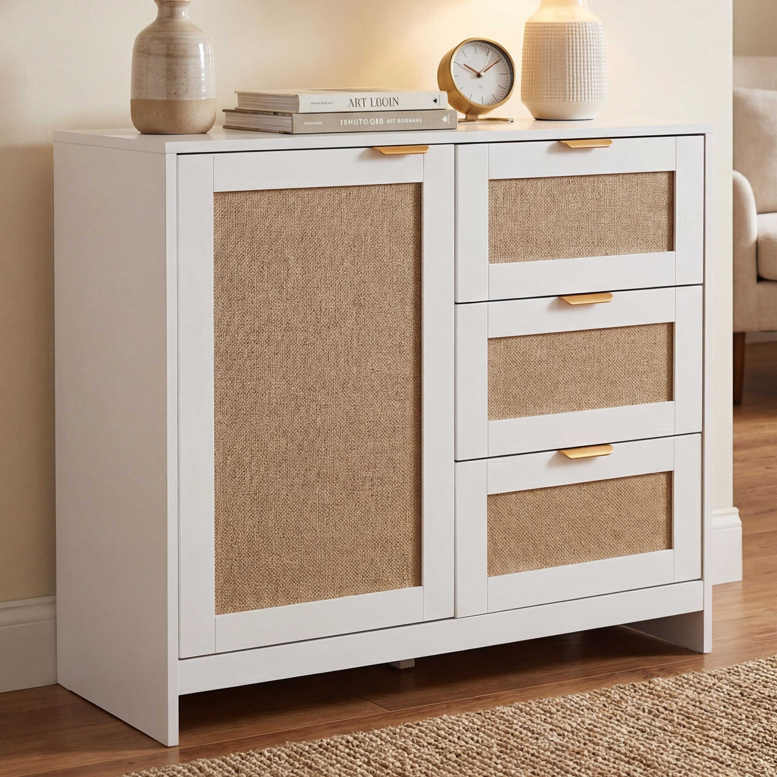 Kommode MCW-P50, Schrank Sideboard Highboard, Schubladen Staufach, MDF Melamin Leinenfront ~ wei&szlig; 