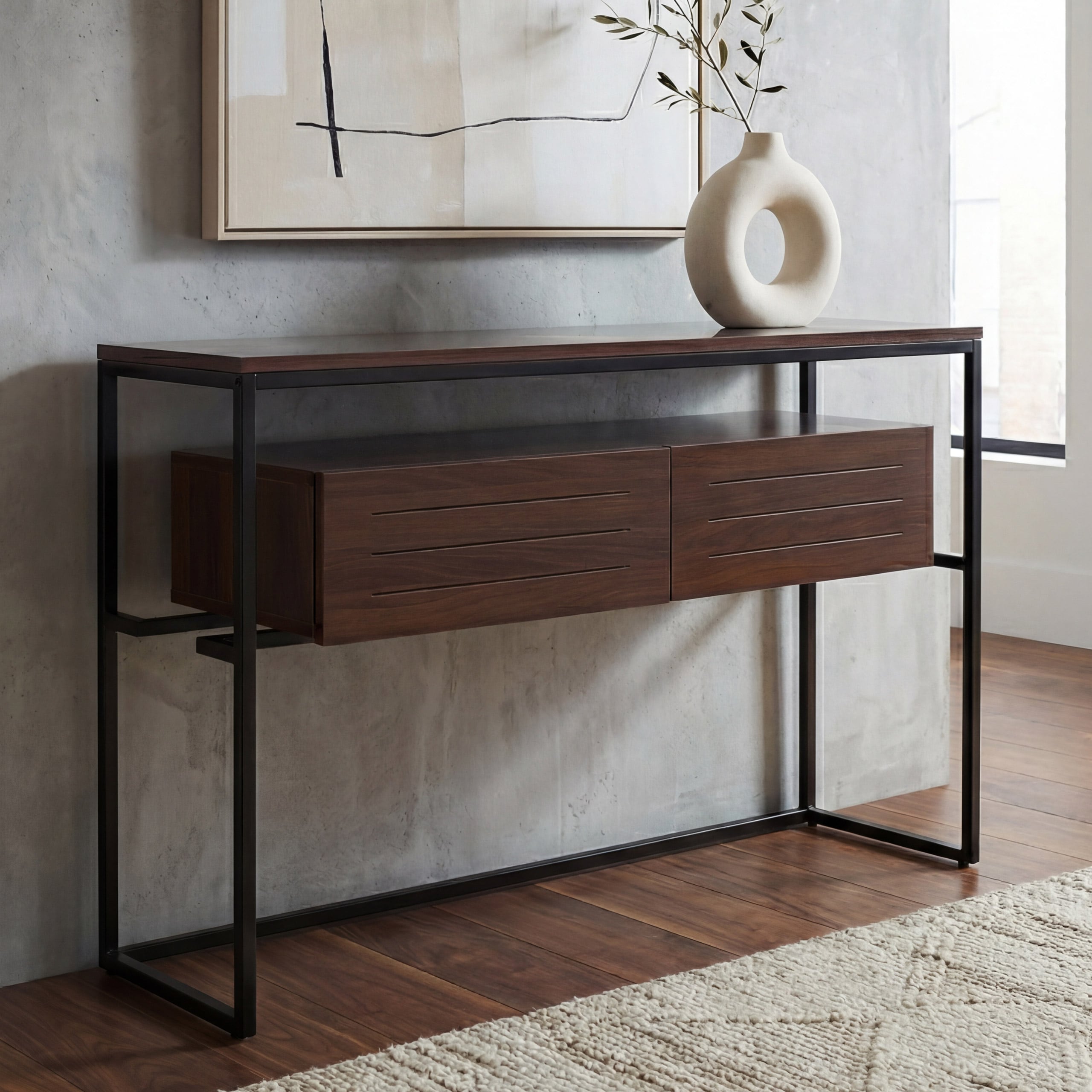 Konsolentisch MCW-P46, Telefontisch Beistelltisch Ablagetisch, Schublade Metall MDF Melamin 80x120x40cm ~ Walnuss-Optik 