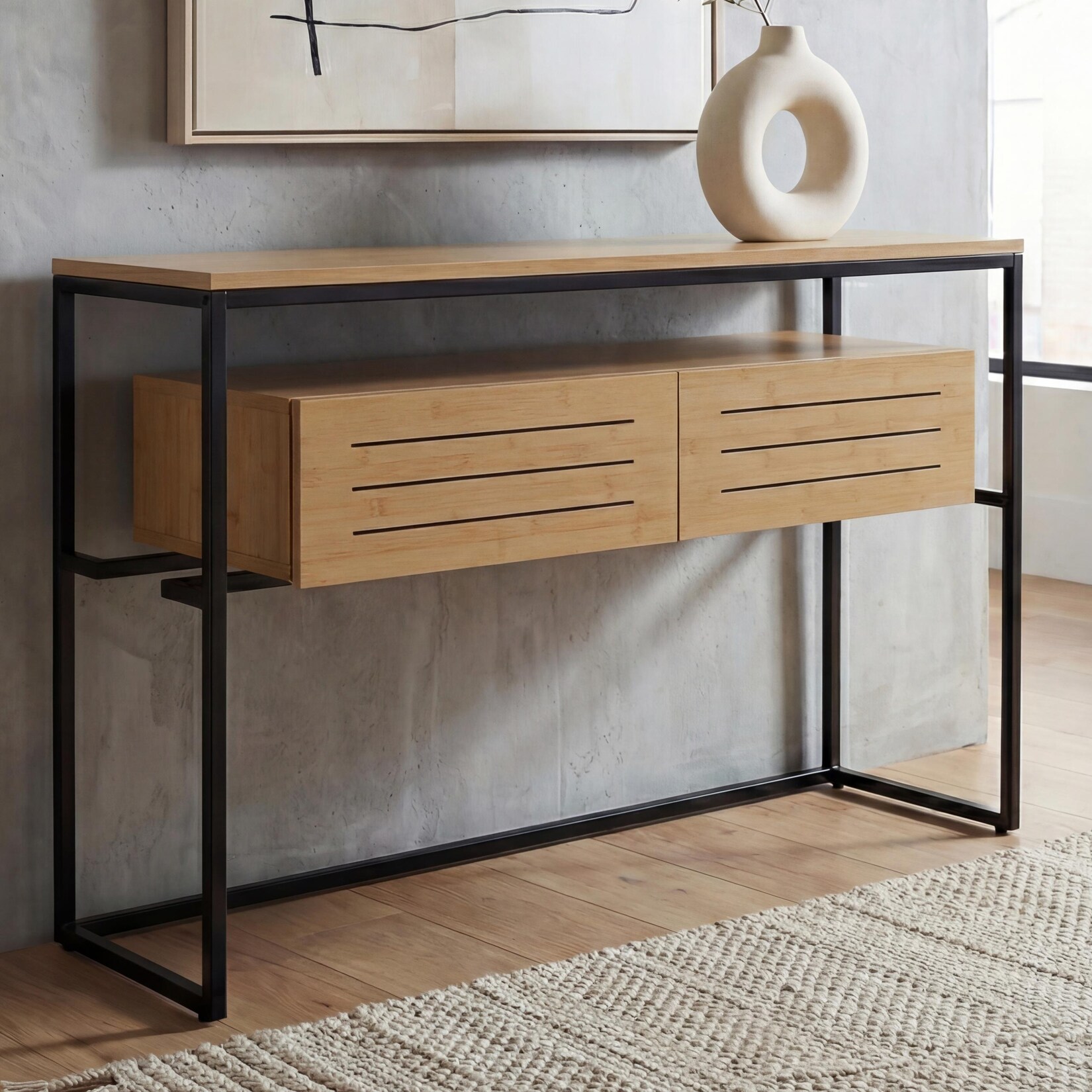 Konsolentisch -P46, Telefontisch Beistelltisch Ablagetisch, Schublade Metall MDF Melamin 80x120x40cm ~ Bambus-Optik