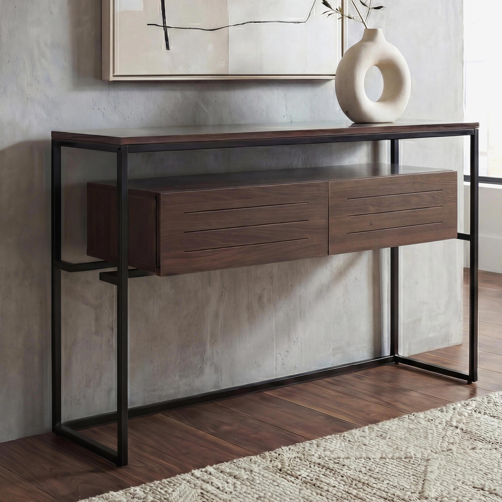 Konsolentisch -P46, Telefontisch Beistelltisch Ablagetisch, Schublade Metall MDF Melamin 80x120x40cm ~ braun