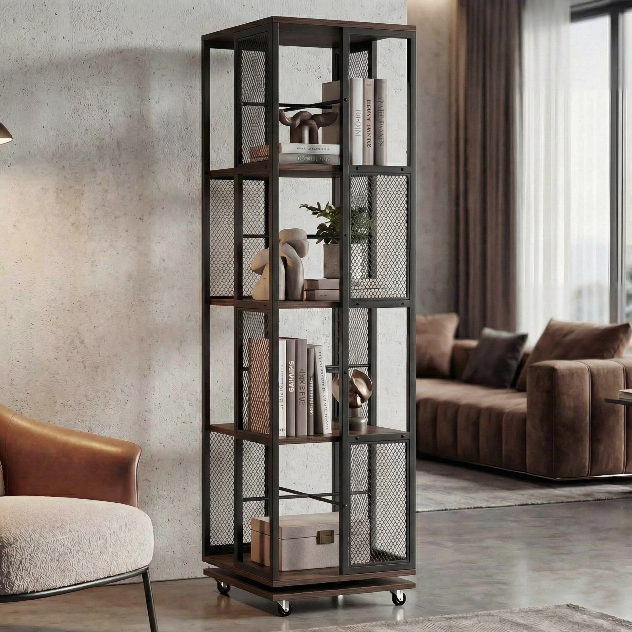 B&uuml;cherregal MCW-P13, Standregal Drehregal, Rollen drehbar, Metall Industrial Melamin MVG 147x40x40cm ~ dunkelbraun 