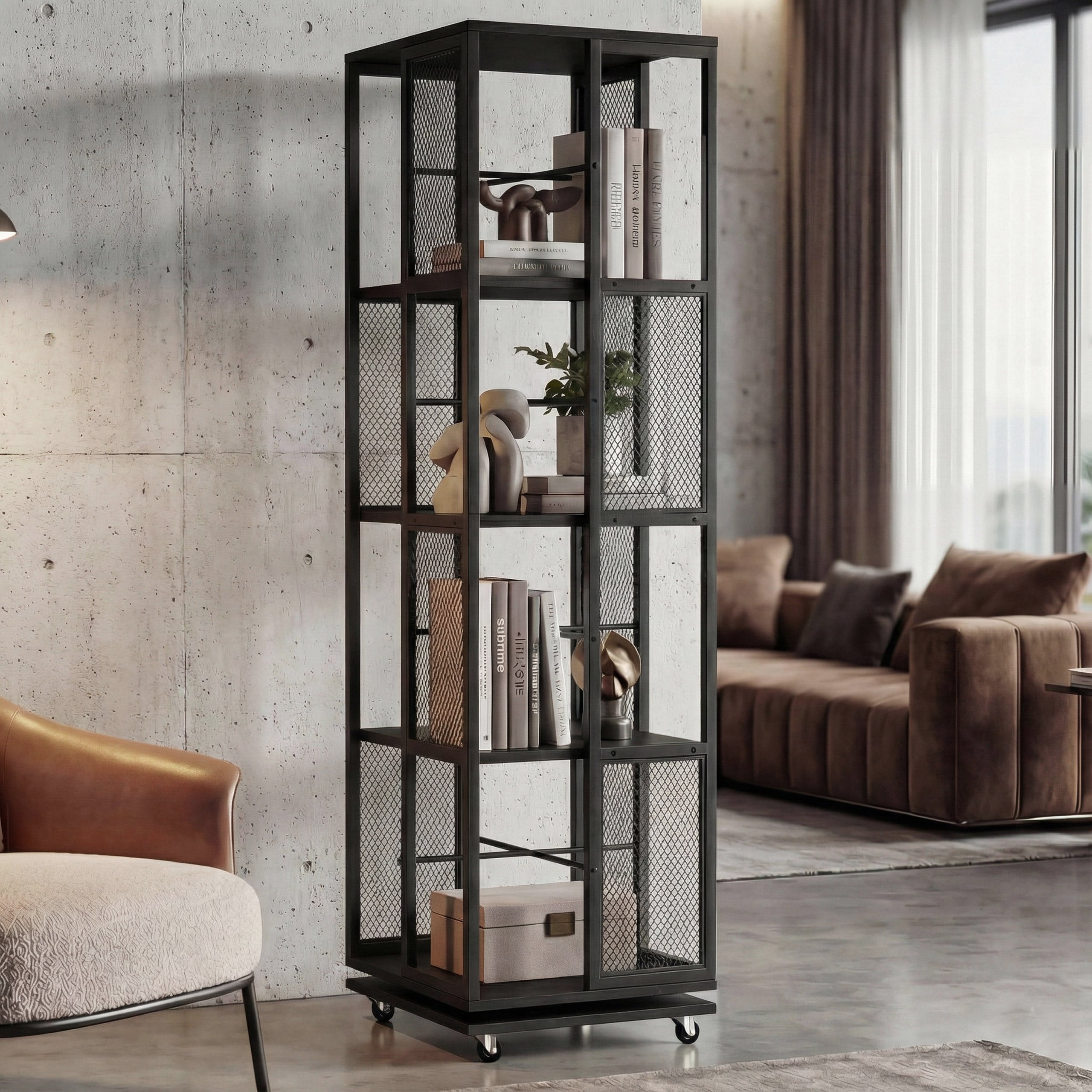 B&uuml;cherregal MCW-P13, Standregal Drehregal, Rollen drehbar, Metall Industrial Melamin MVG 147x40x40cm ~ schwarz 