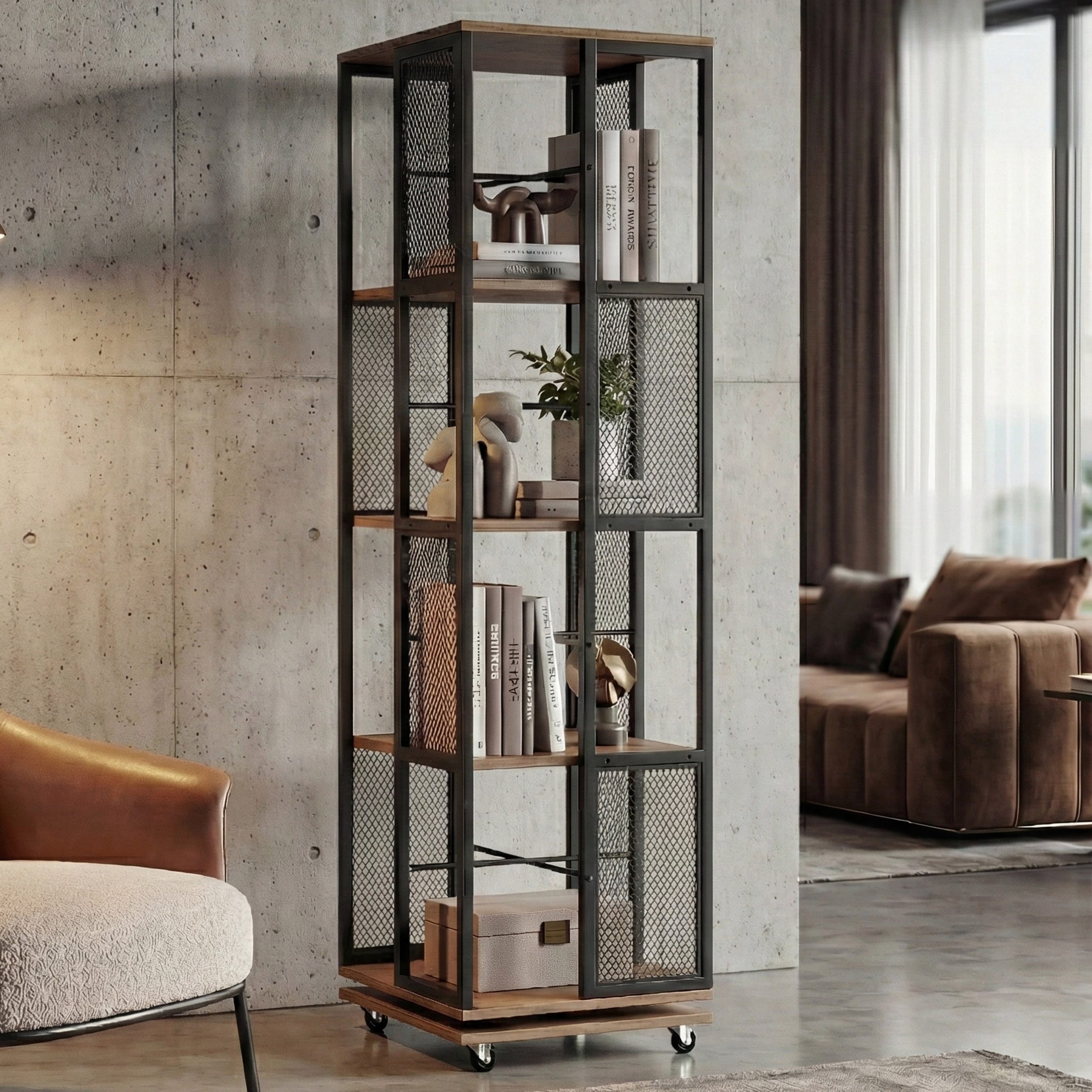 B&uuml;cherregal MCW-P13, Standregal Drehregal, Rollen drehbar, Metall Industrial Melamin MVG 147x40x40cm ~ braun 