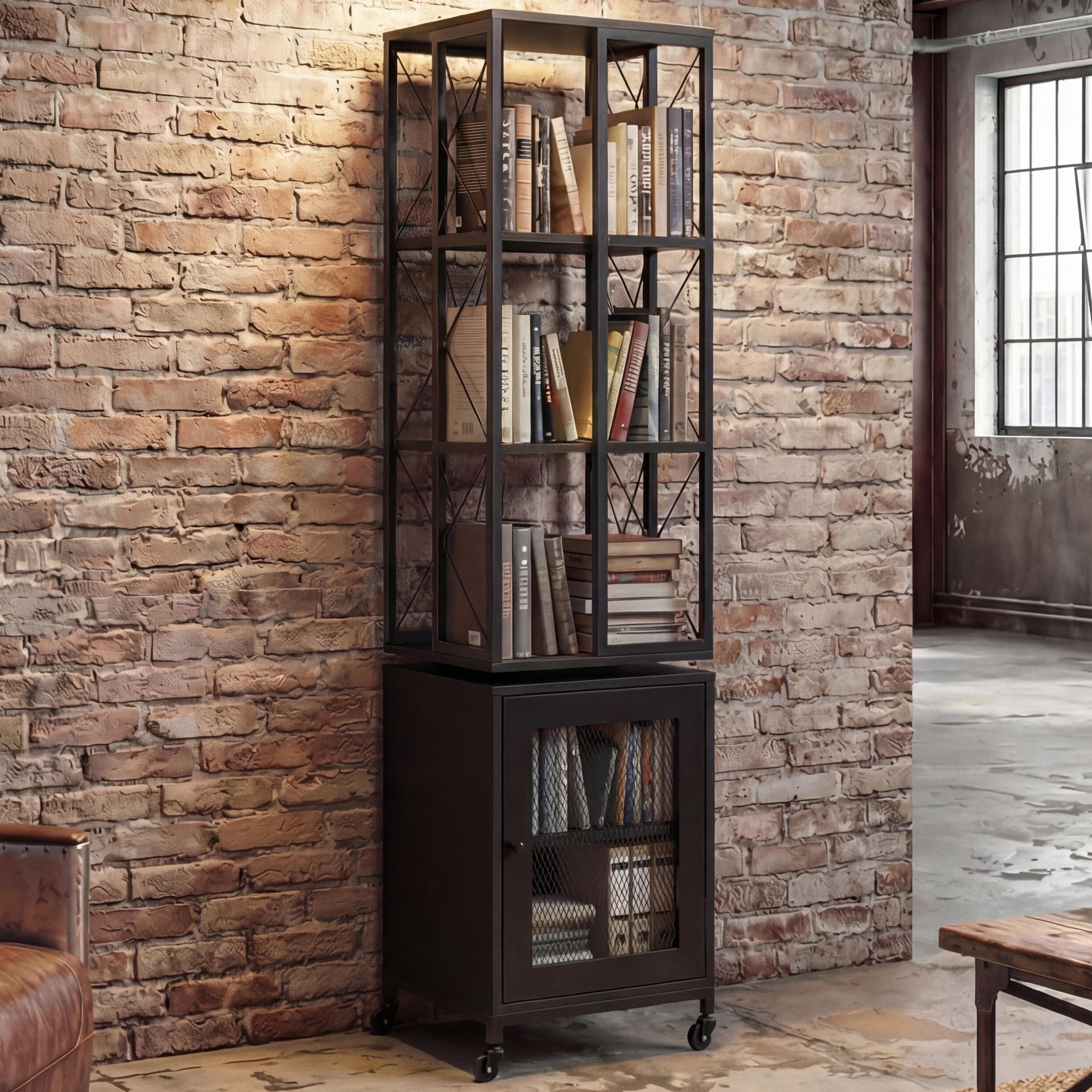 B&uuml;cherregal MCW-P13, Standregal Drehregal, Rollen drehbar T&uuml;r, Metall Industrial Melamin MVG 162x40x42cm ~ schwarz 