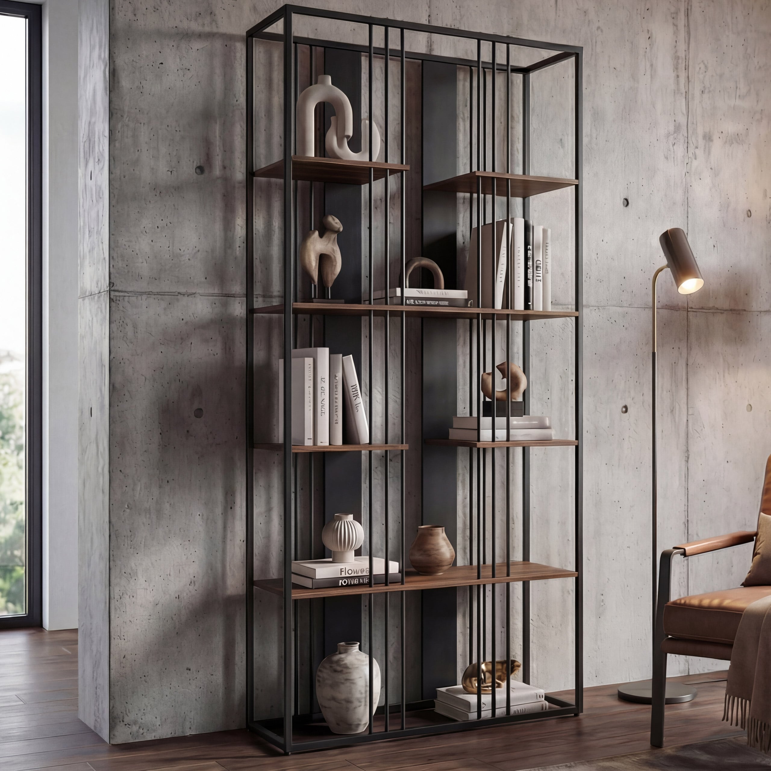 Regal MCW-P12, B&uuml;cherschrank Hochschrank, Industrial Metall Melamin MVG-zertifiziert 180x80x31cm ~ schwarz, dunkelbraun 