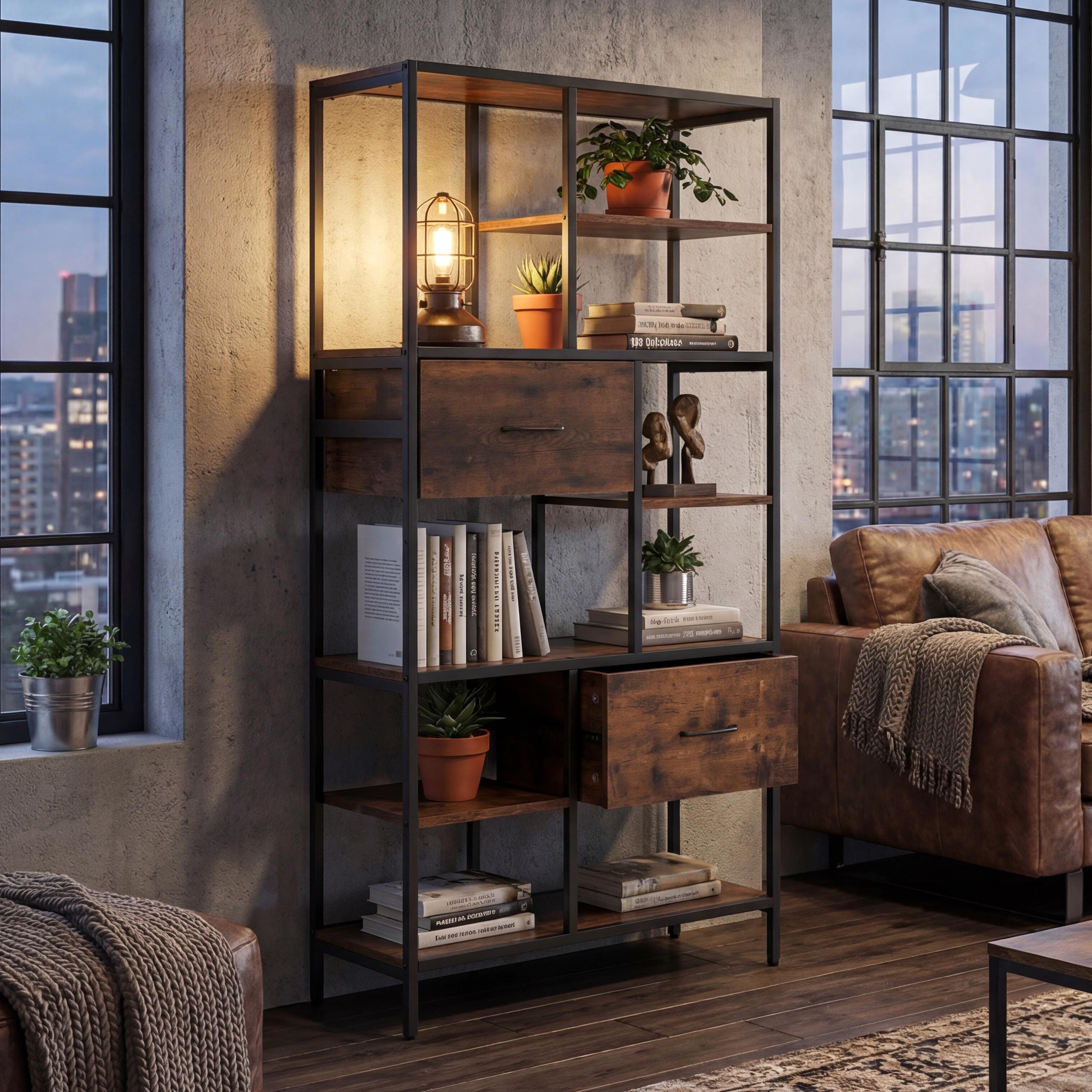 Regal MCW-P11, Regalschrank B&uuml;cherregal Standregal, Schubladen Industrial MDF Metall Melamin 150x81x33cm ~ dunkelbraun 