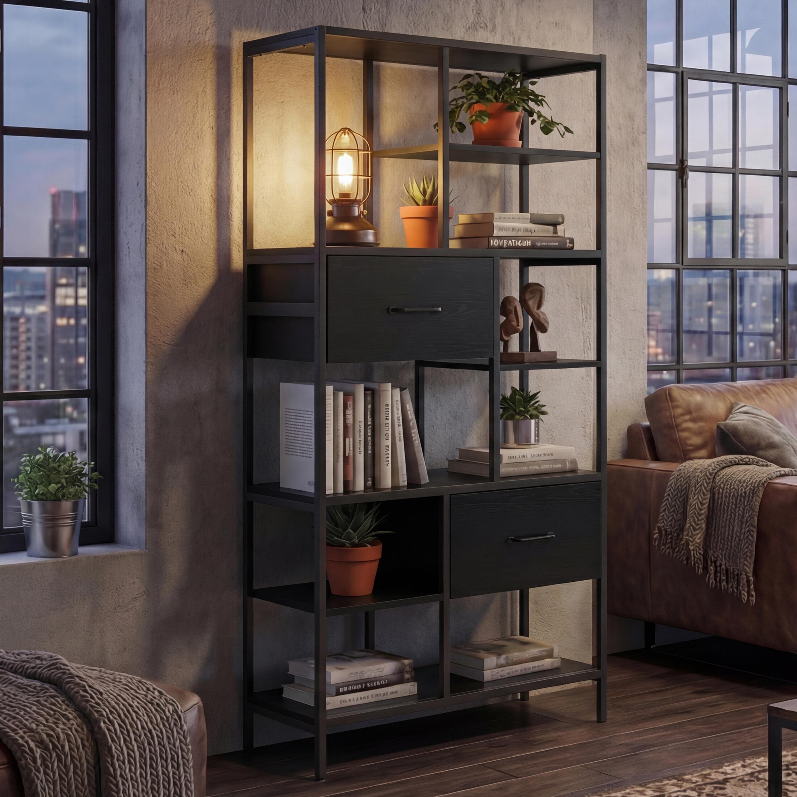 Regal MCW-P11, Regalschrank B&uuml;cherregal Standregal, Schubladen Industrial MDF Metall Melamin 150x81x33cm ~ schwarz 