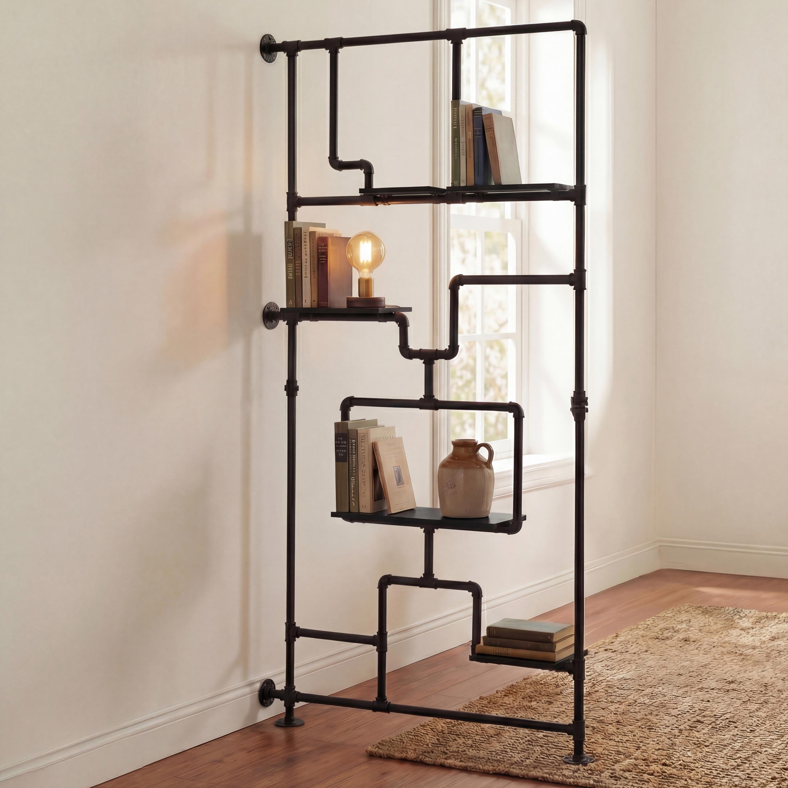 Raumteiler mit Regal MCW-P10, Wohnregal Ablageregal, Industrial Metall Melamin MVG 203x100x20cm ~ schwarz 