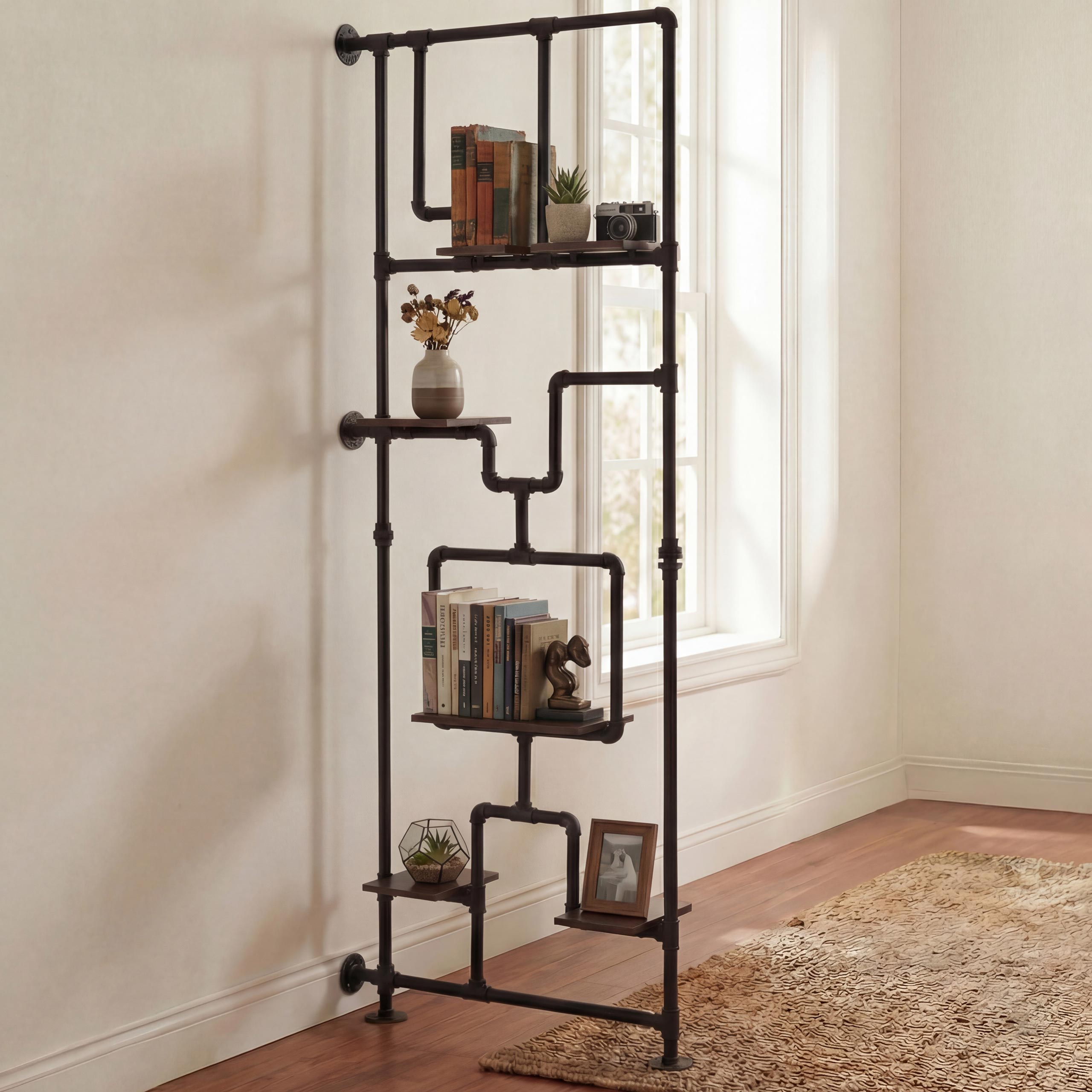 Raumteiler mit Regal MCW-P10, Wohnregal Ablageregal, Industrial Metall Melamin MVG 203x80x20cm ~ dunkelbraun 