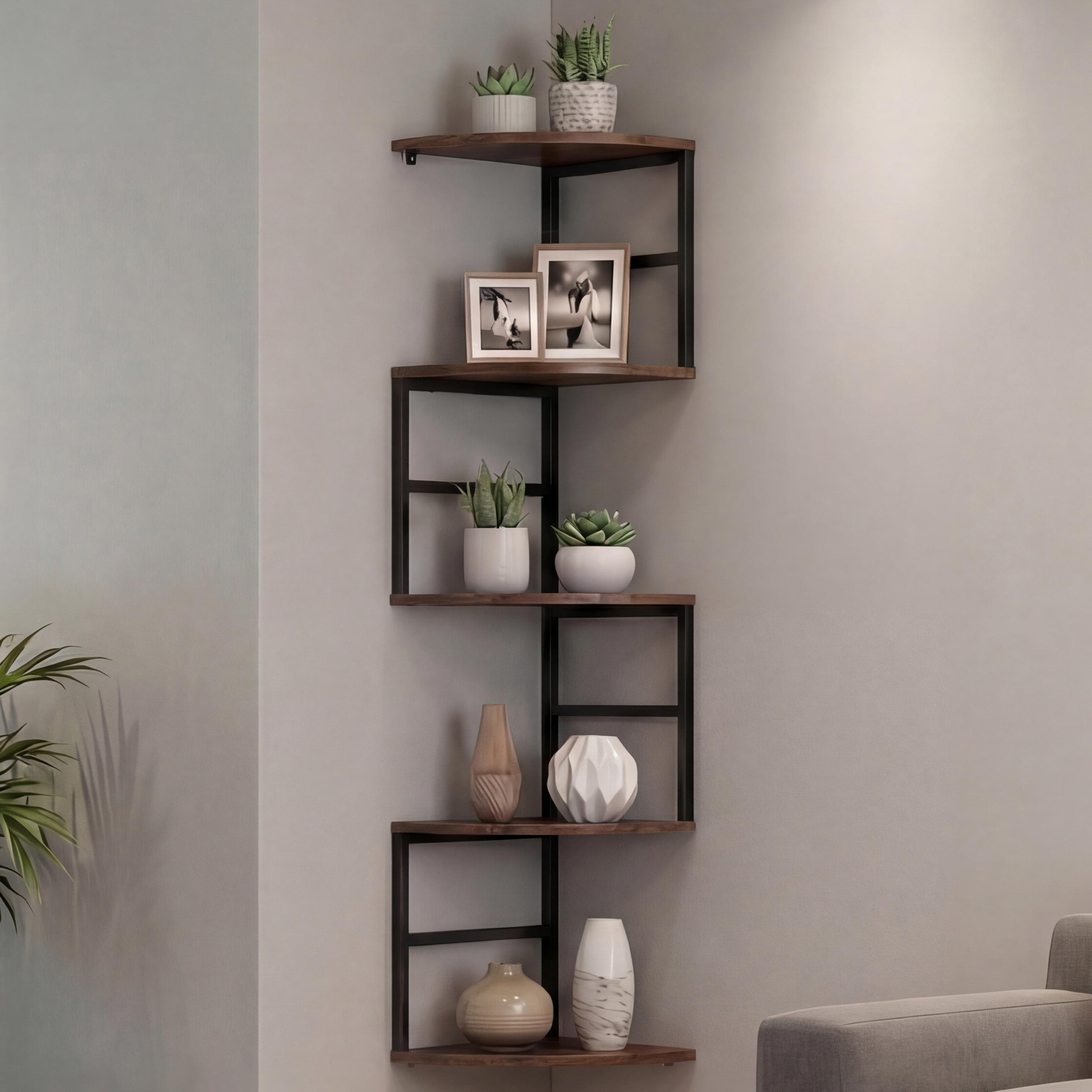 Eckregal MCW-O99, H&auml;ngeregal Wandregal Winkelregal, 5 Ebenen Industrial Metall Melamin MVG 128x30x30cm ~ dunkelbraun 