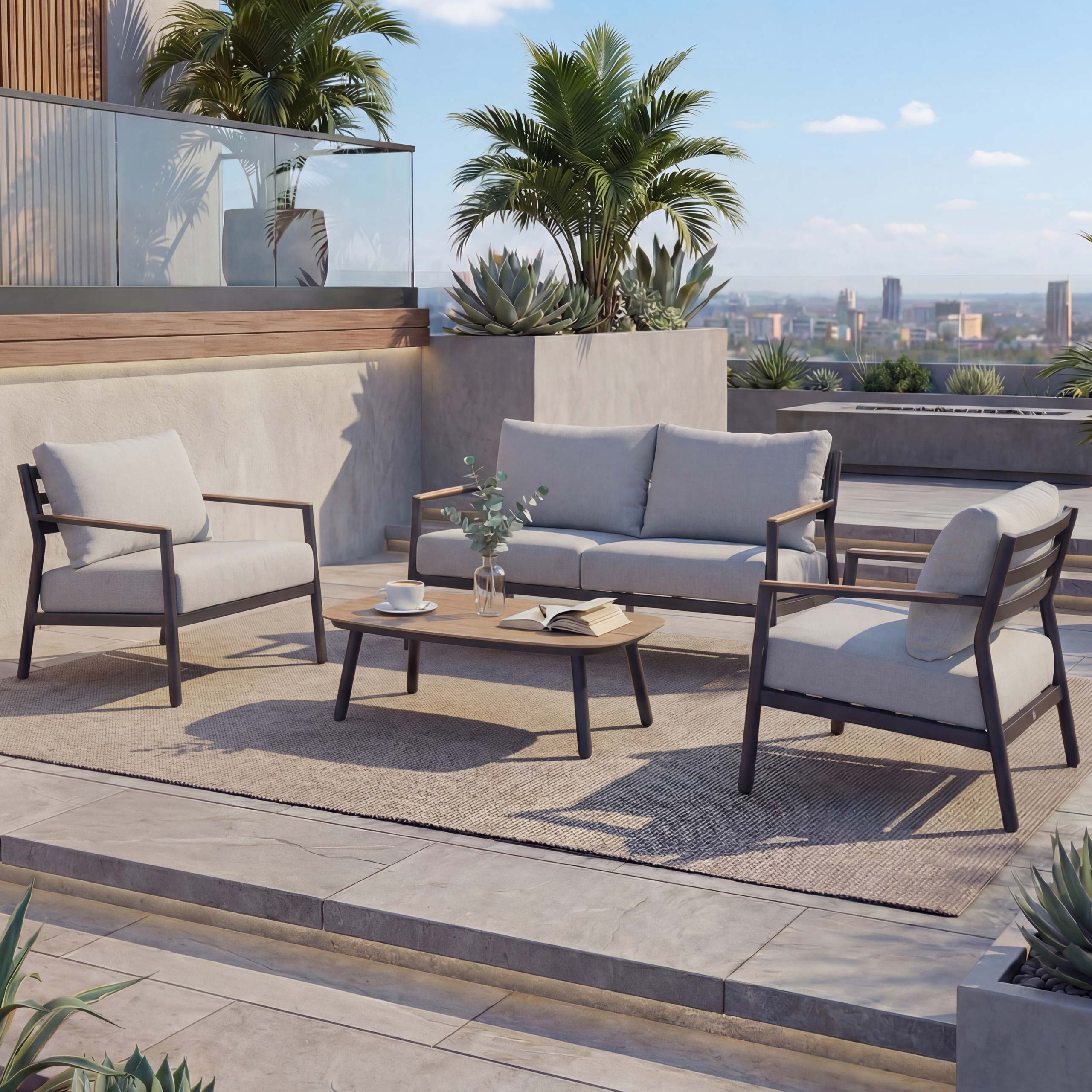 Aluminium Gartengarnitur MCW-P79, Lounge-Set Sitzgruppe Sofa Gartenlounge, Stoff/Textil Olefin 210g/m&sup2; ~ hellgrau 